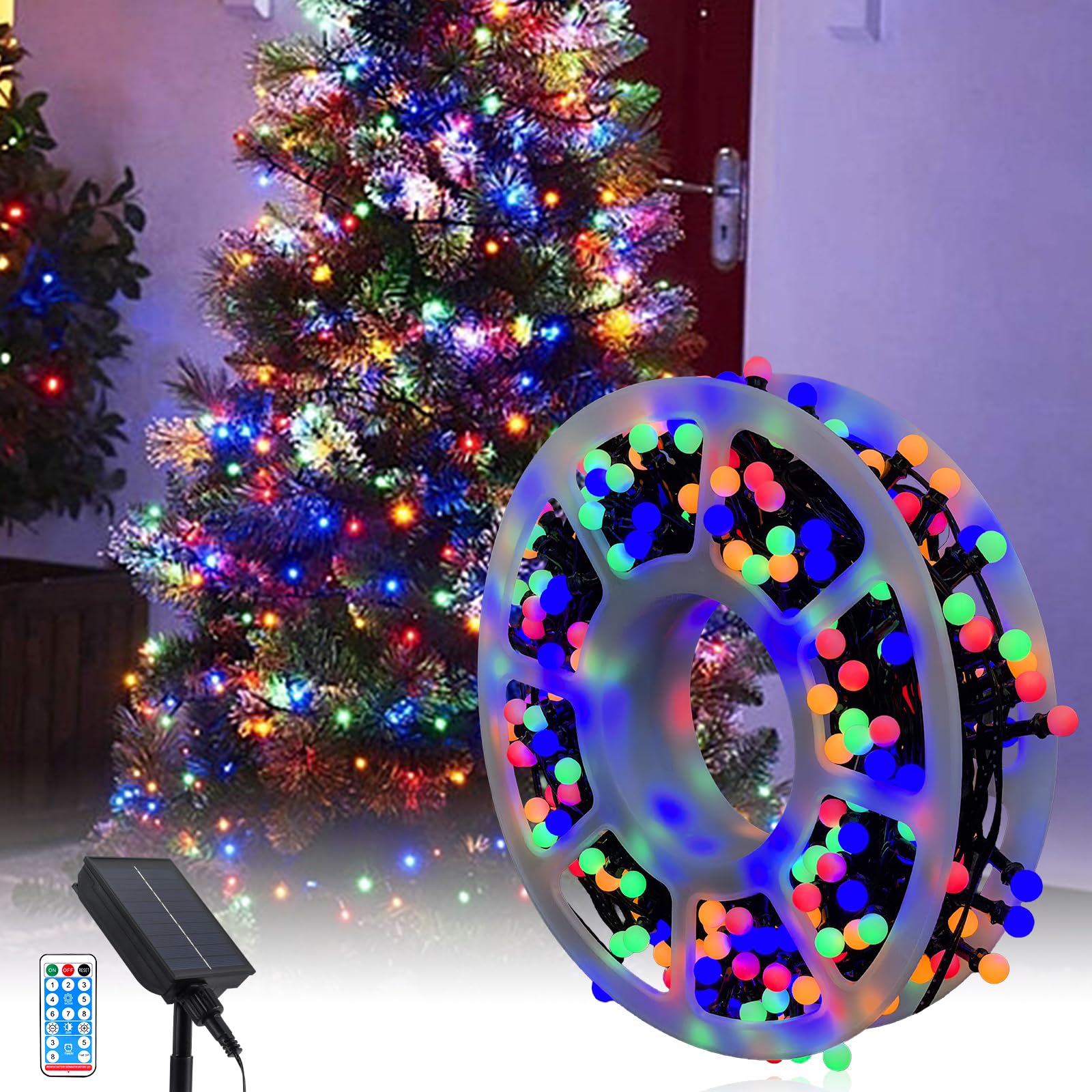 Luci di Natale Solari, 13M 300LEDs Luci a Sfera Esterno Impermeabili con 8 Modalità, Striscia Luminosa Portatile e Ripiegabile per Decorazioni da Appendere All'albero di Natale Feste Giardino Veranda