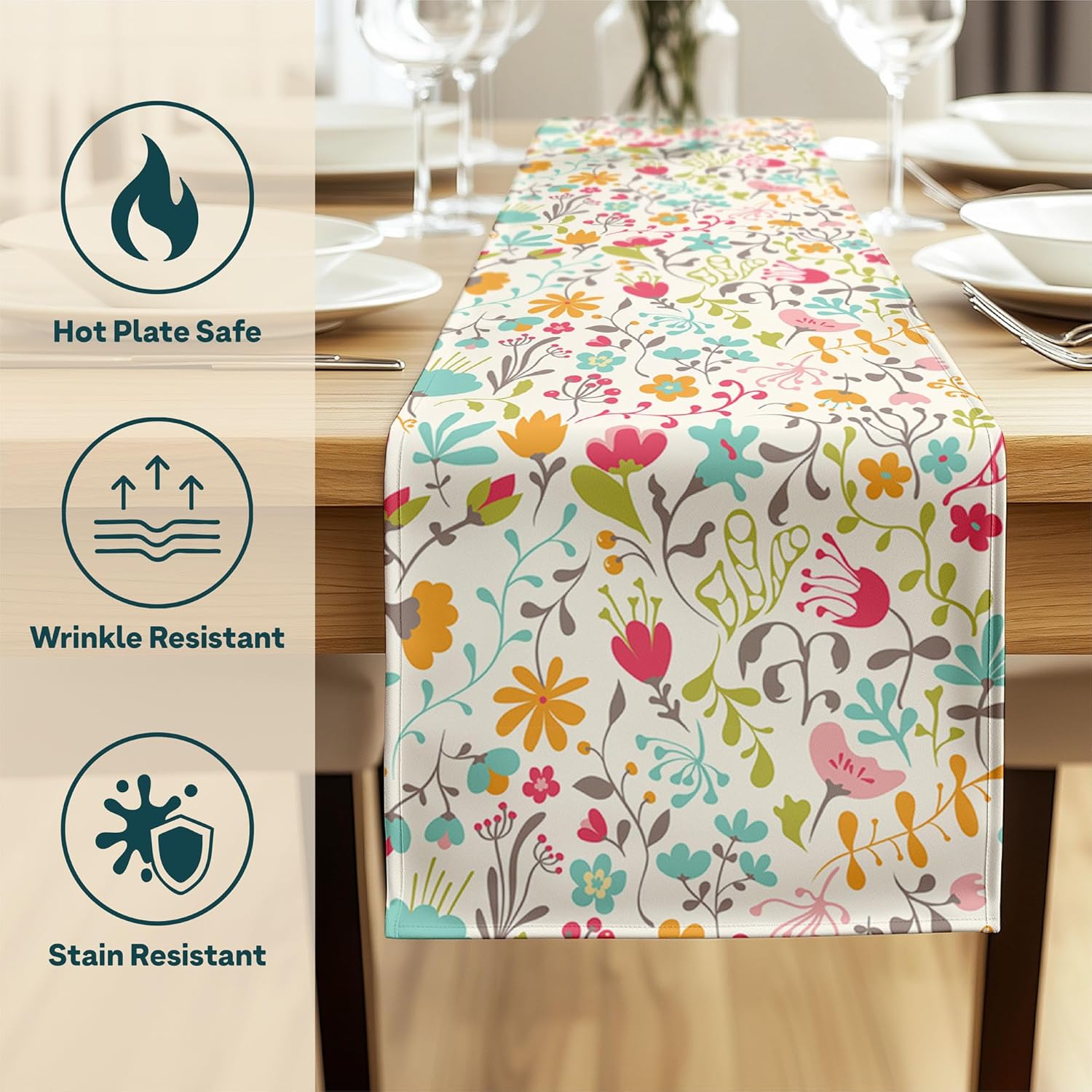 Spring Table Runners | Made in America Table Linens | Stain & Wrinkle Resistant | Seasonal Summer Spring Decorations for Home | Floral Collection - Blooming Springs - 14 x 90 Inches Long