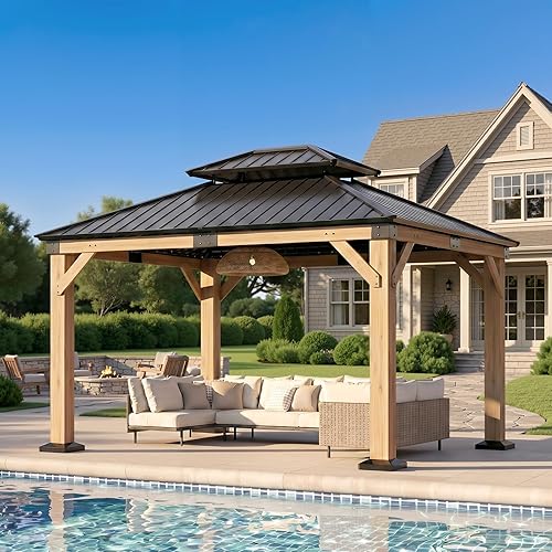 10' x 12' Wood Gazebo, Hardtop Gazebo Permanent Wooden Pavilion