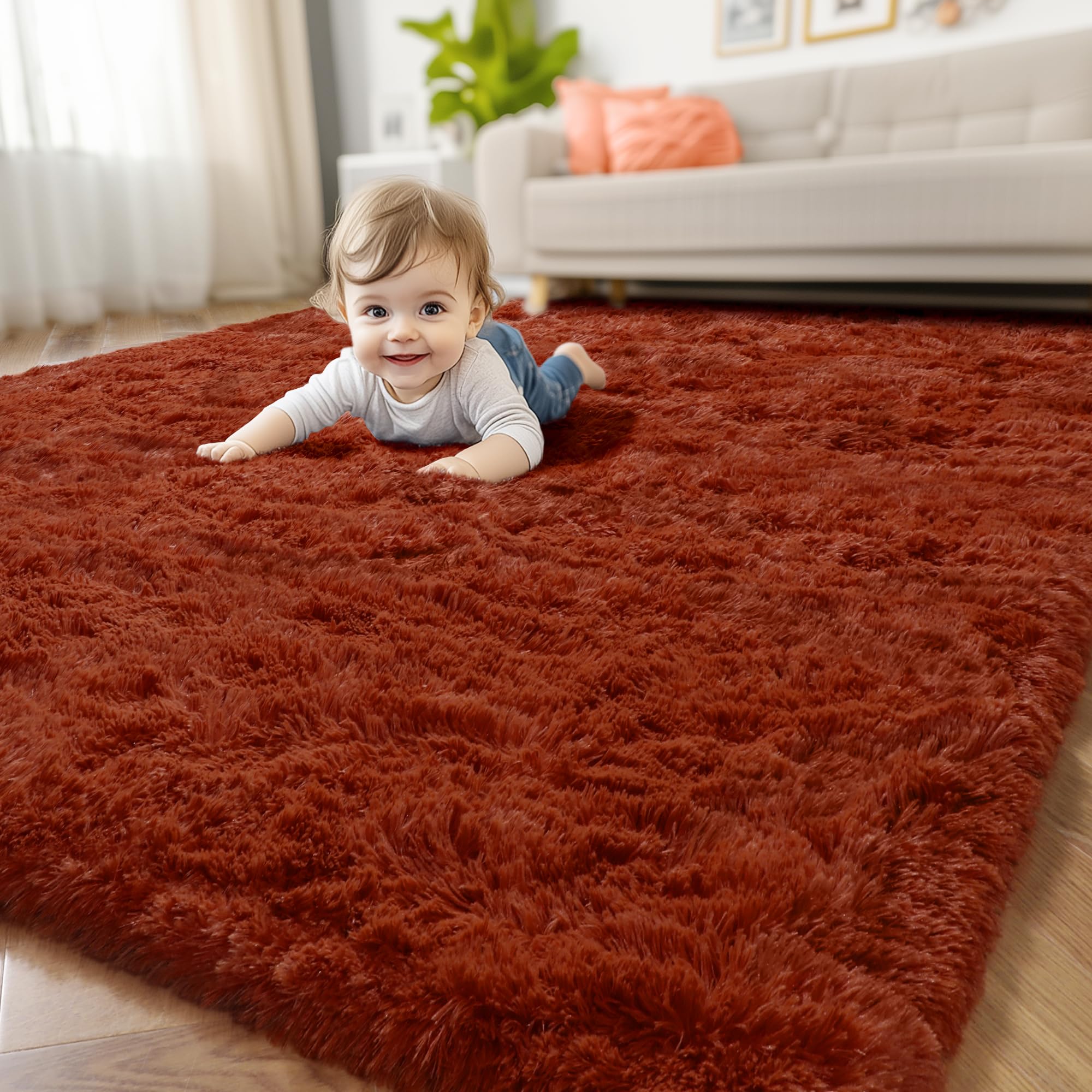 Amdrebio Terracotta Furry Small Area Rug 3x5 for Kids Bedroom Living Room