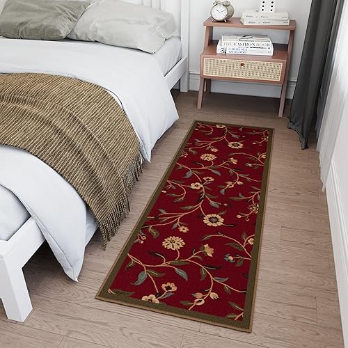Miniatura 11 de Ottomanson Ottohome Collection - Alfombra antideslizante de goma con diseño de hojas florales de 2 x 5 pulgadas, 20 x 59 pulgadas, color rojo