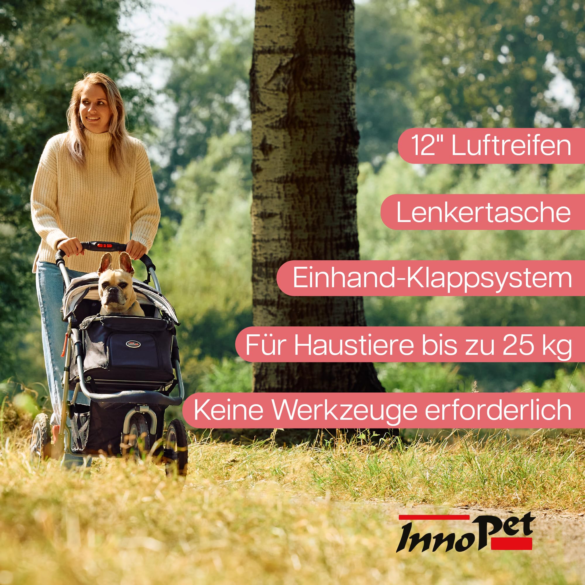 Hundebuggy Innopet Comfort Air Eco Schwarz/Silber – Hundewagen Katzenwagen mit 30cm Luftreifen, einhändig faltbar, für Waldwege geeignet – reflektierende Streifen, Organizer Vorderrad fixierbar