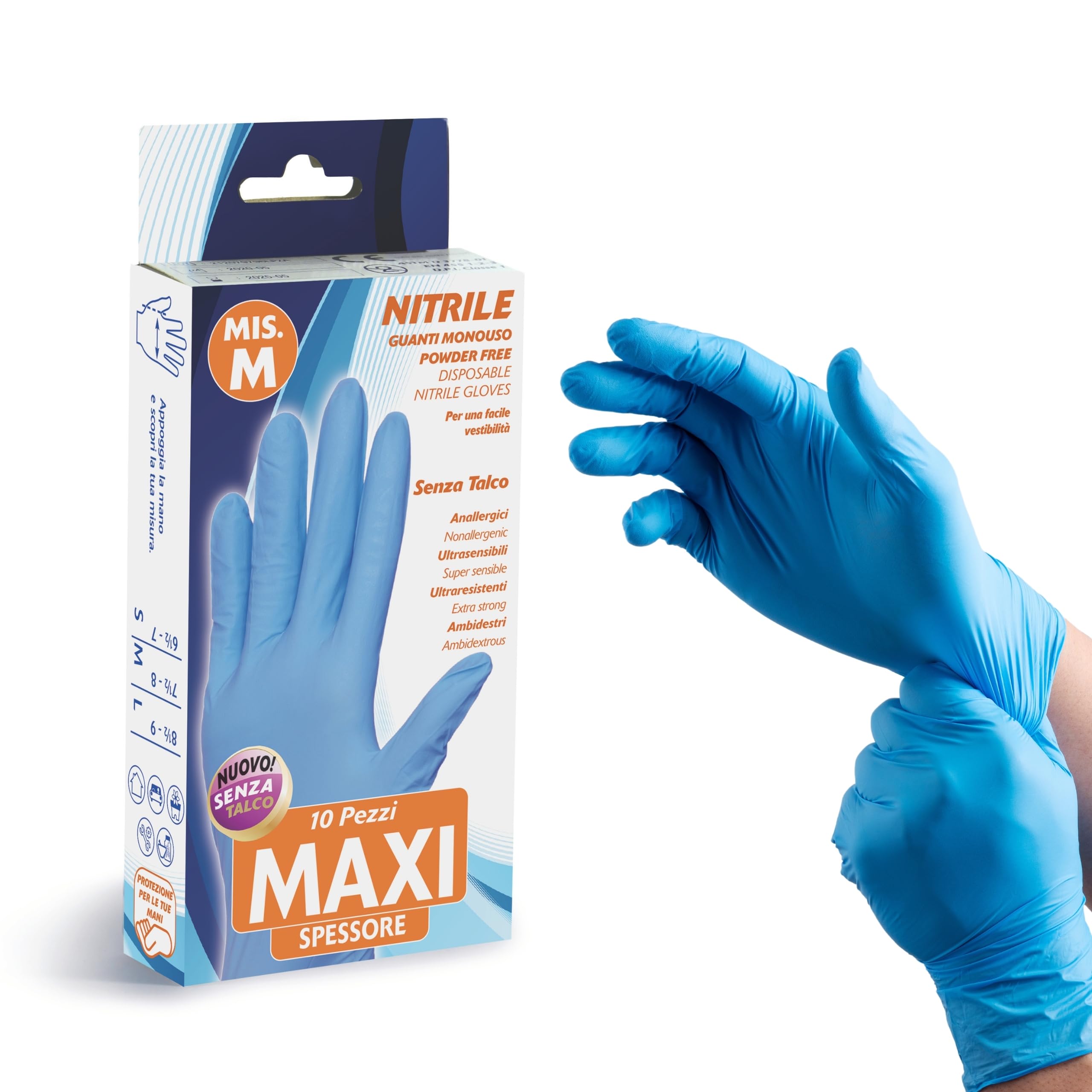 Bottari Guanti in Nitrile Monouso Senza Talco Maxi Spessore, Confezione da 10 Pezzi, Taglia M, Resistenti e Comodi
