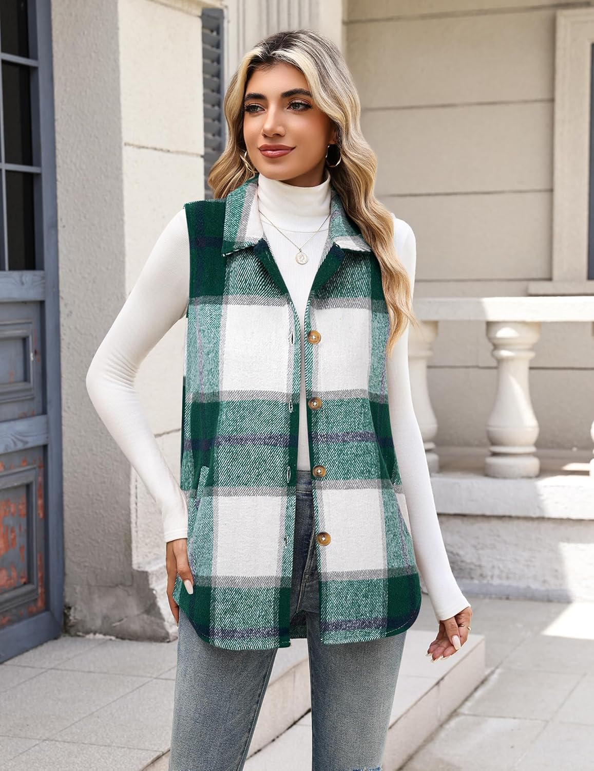Zeagoo Plaid Vest for Womens Casual Sleeveless Flannel Jacket Lapel Button Down Shirt with Pockets 2025 Fall Clothes - Image 2