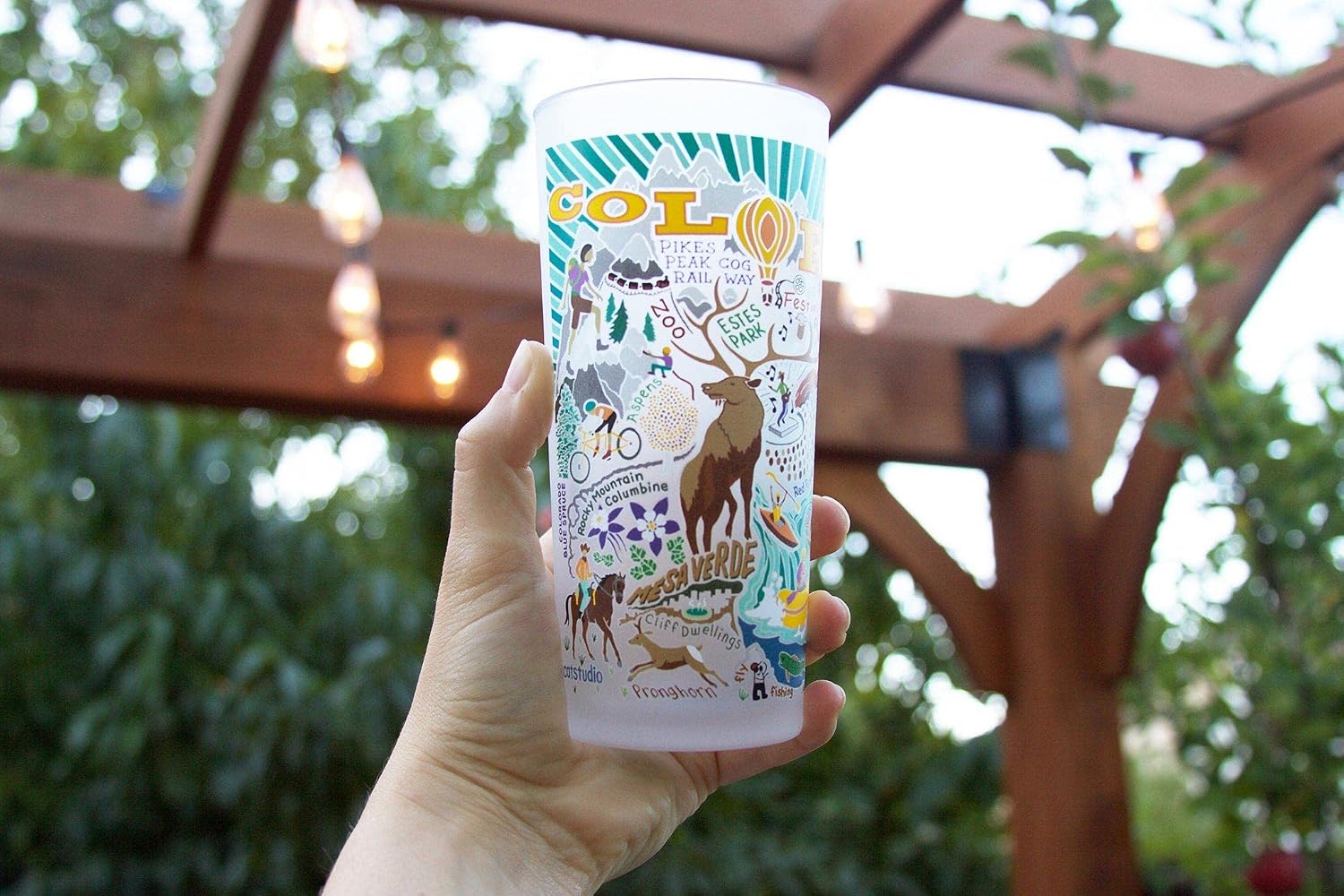 Catstudio Drinking Glass, Summer Colorado Frosted Glass Cup for Kitchen, Drinking Glasses, 15oz Dishwasher Safe Tumbler, Great Outdoors