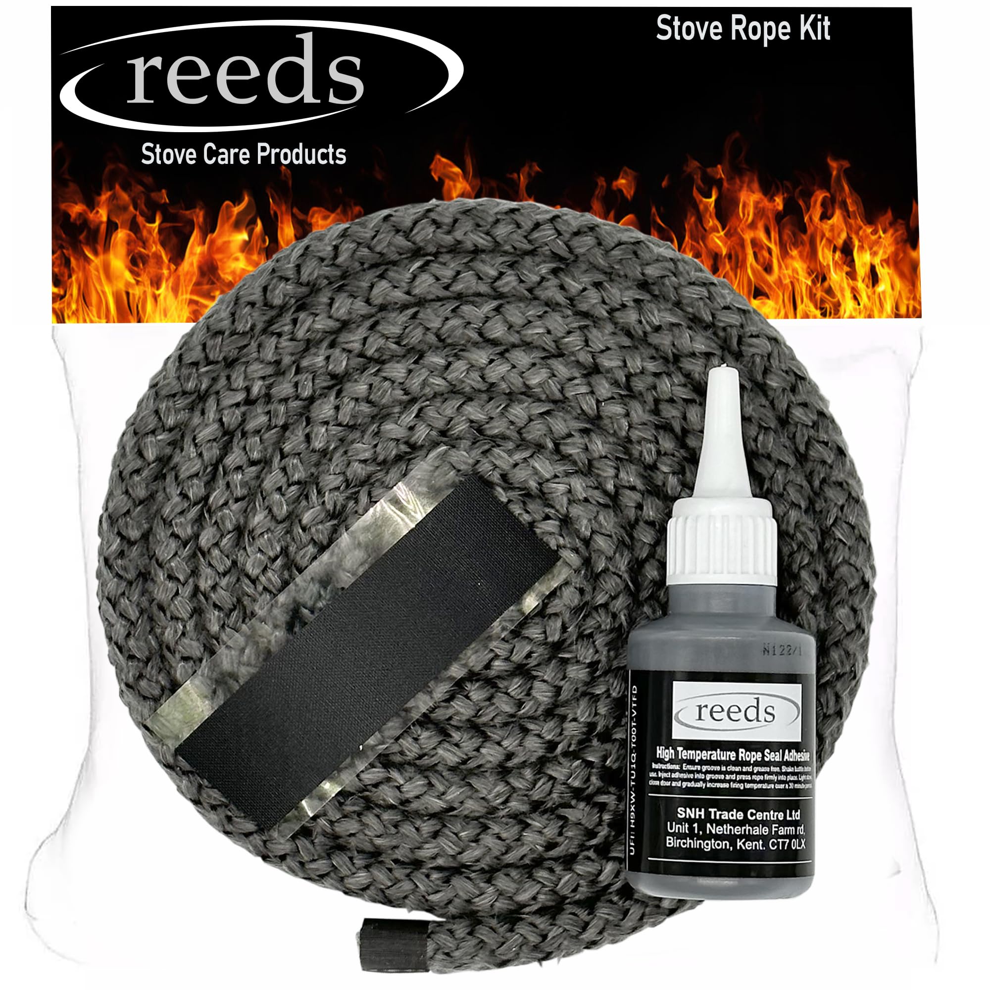 Black Stove Rope Kit 12mm x 2m Long with Reeds Adhesive Flues Glass Door Seals
