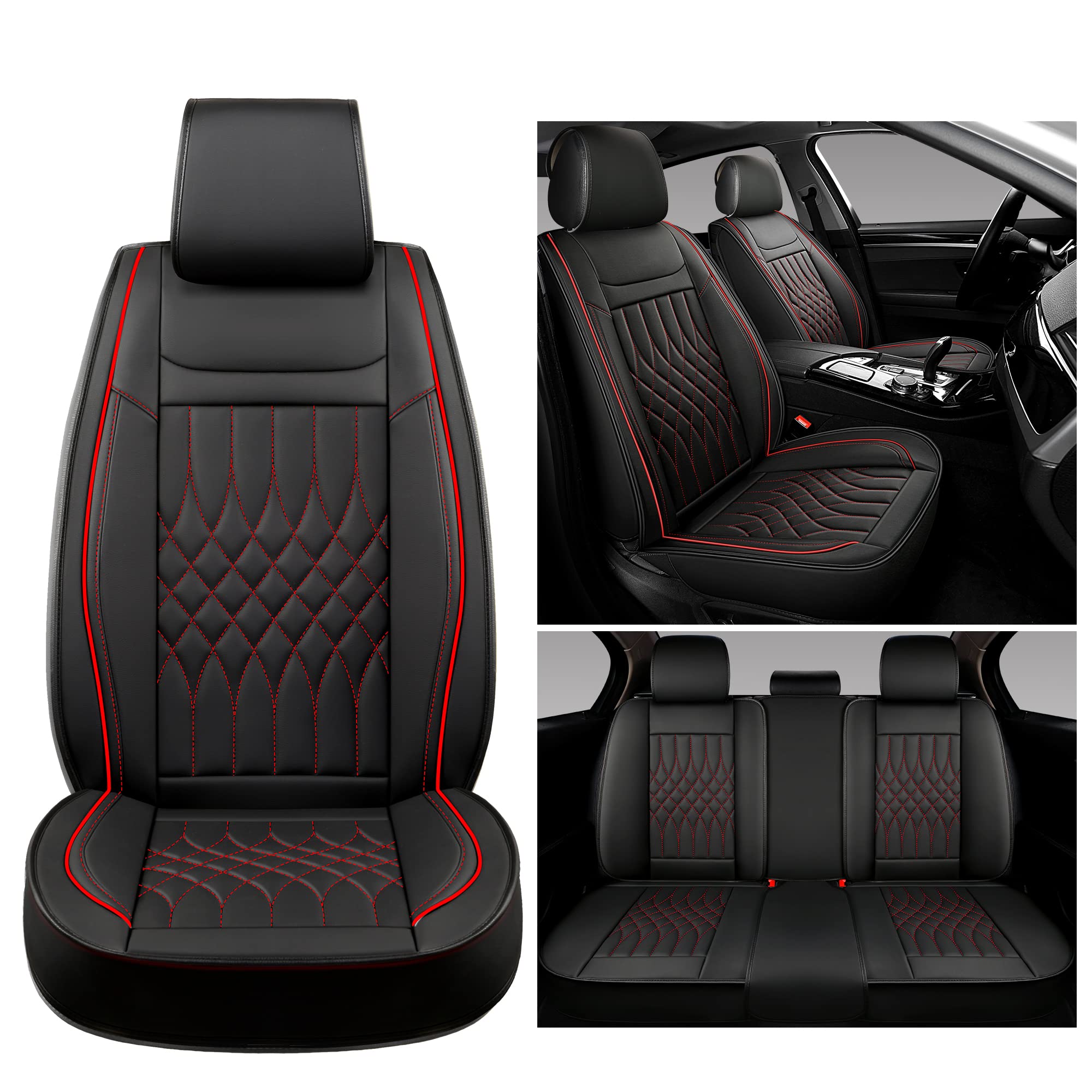 Sanwom Leather Car Seat Covers Full Set, Universal Automotive Vehicle Seat Covers, Waterproof Vehicle Seat Covers for Most Sedan SUV Pick-up Truck, Black and Red