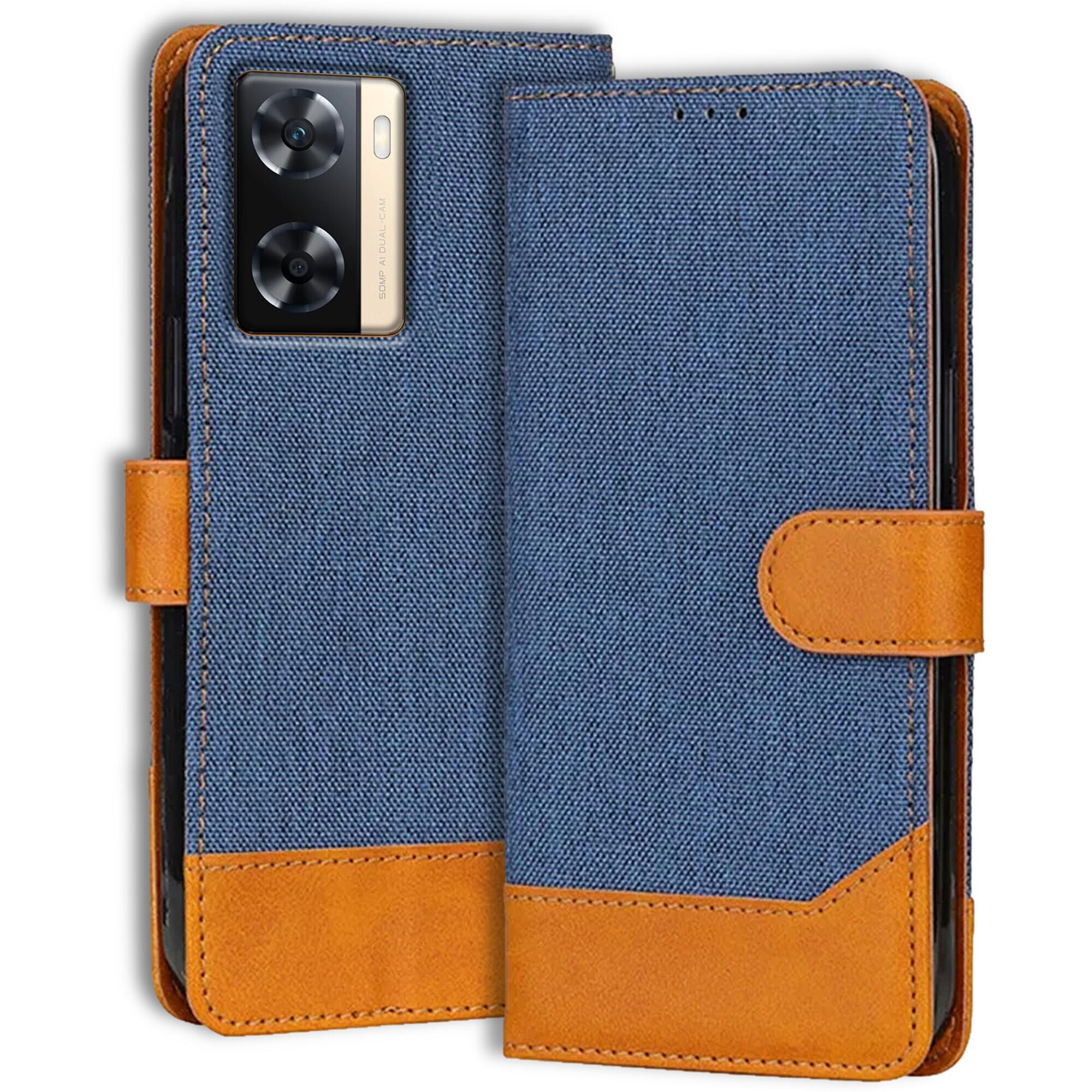 Accesorios Oppo A77 Denim & Leather Flip Back Cover Case | Vegan Leather | Kick Stand & Pockets | Protective Back Flip Cover for Oppo A77 (Blue) (B0D2DP4Y3Y) Amazon Price History, Amazon Price Tracker