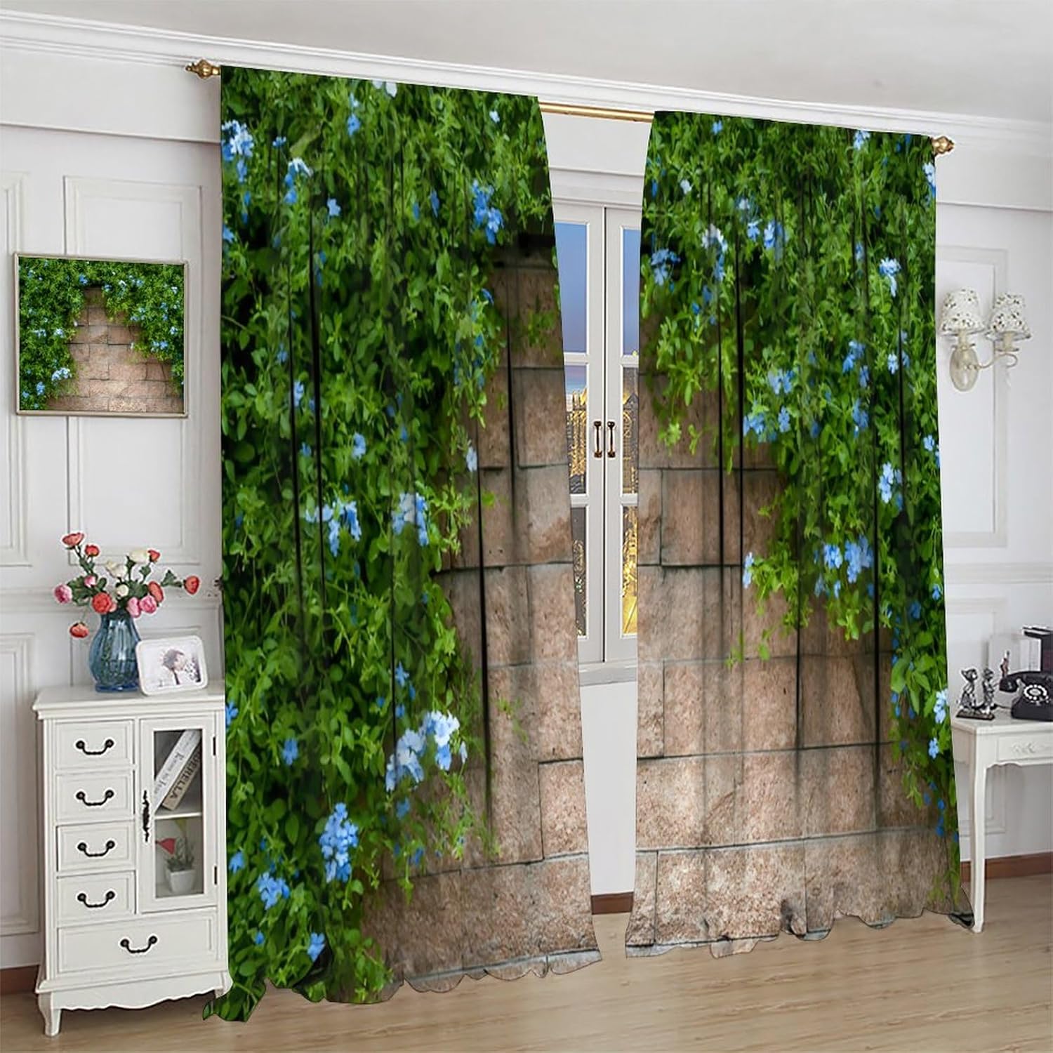 Stone Brick Wall Blackout Curtain,Retro Rocks Stone Wall Green Leaves Nature Scenery Rod Pocket Drapes Treatments Window Curtains for Kitchen Living Room Office Cafe Decor 31.5"W x 63"L (Pack of 2)