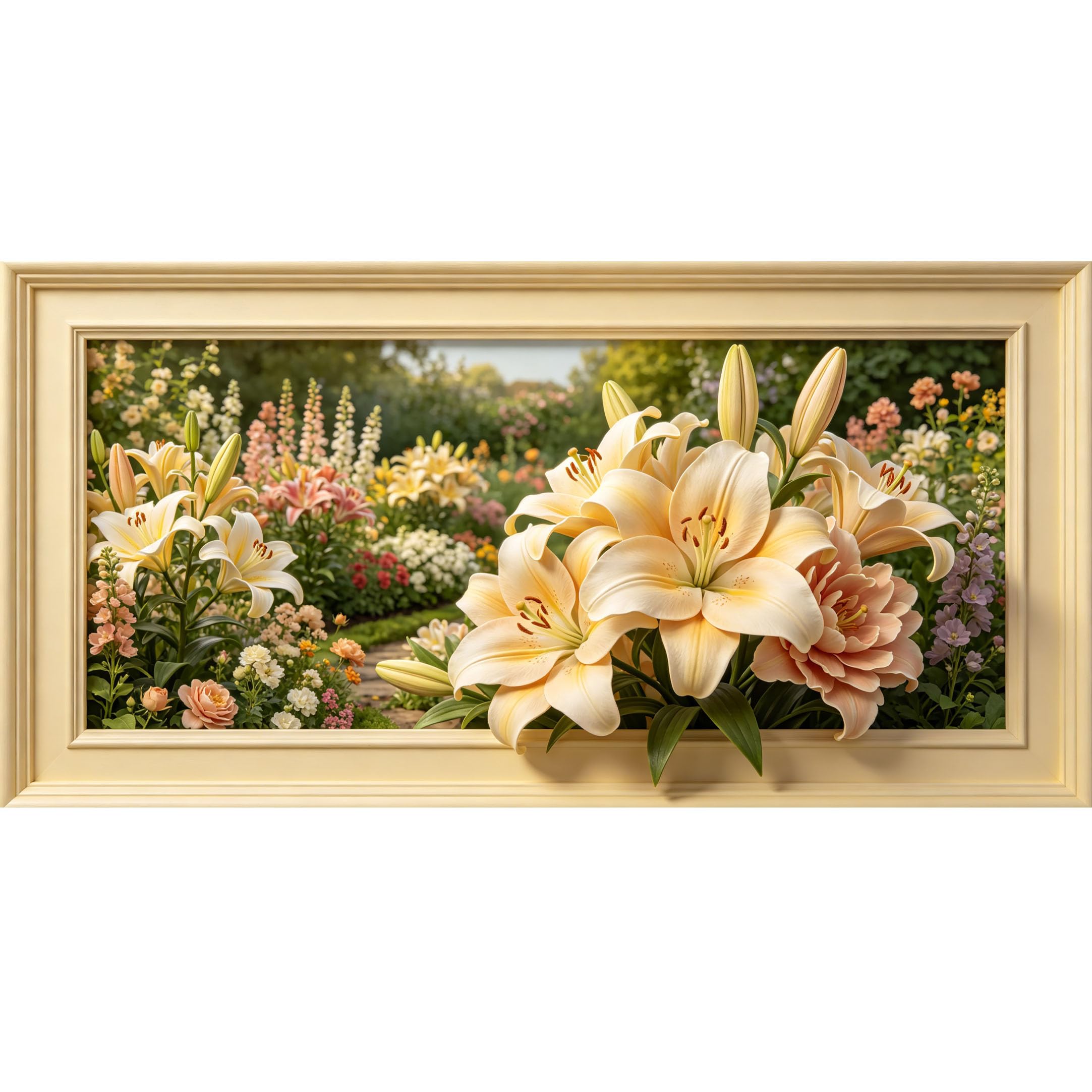 Agglomerix 3D Framed Wall Art Cream Lily Garden Floral Botanical Relief Effect Large Size Self-Adhesive Removable Wall Decor Prints Artwork for Living Room Bedroom Office