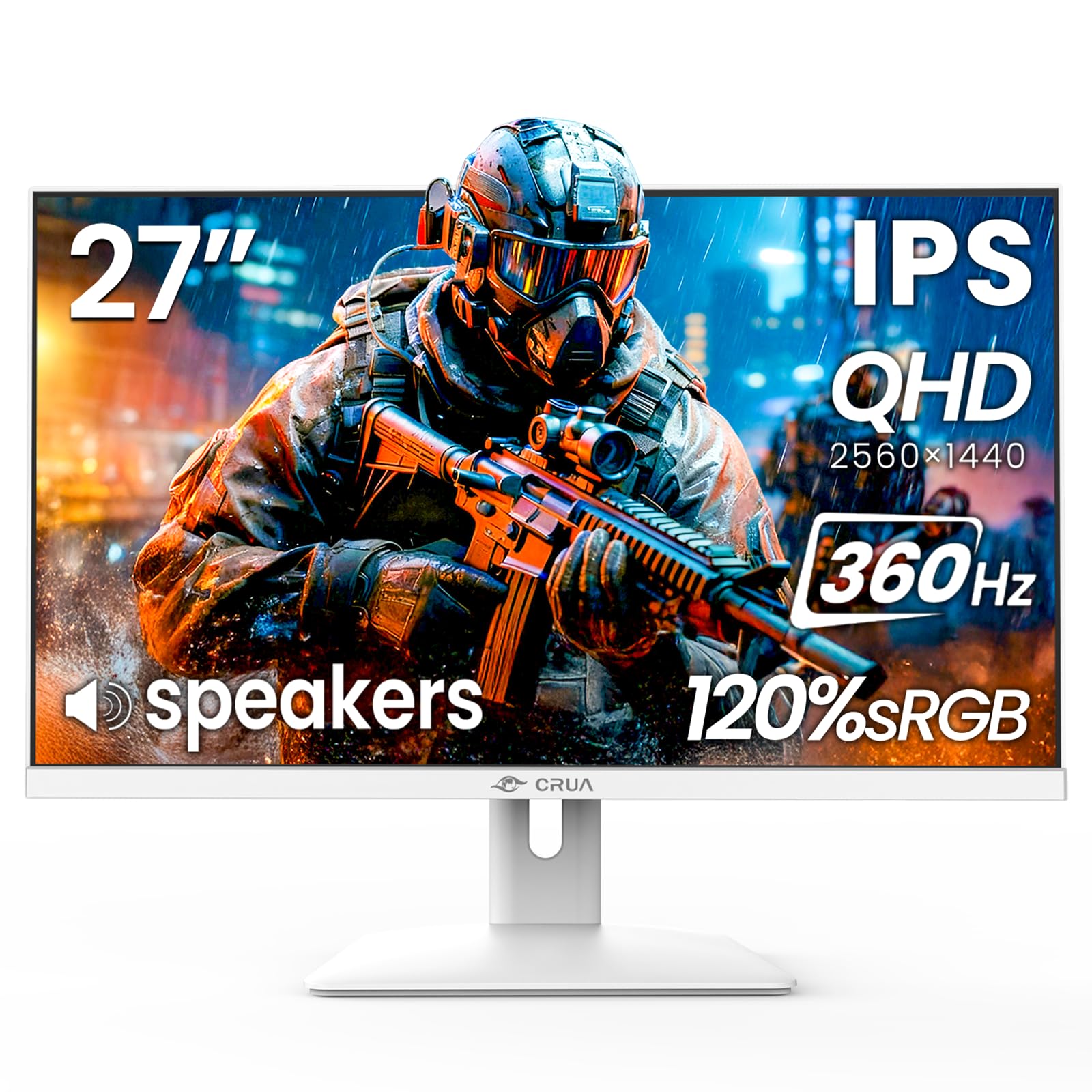 CRUA Monitor de jogos de 27 polegadas 360 Hz, 2K QHD 2560 x 1440 IPS painel branco monitores de computador com alto-falantes embutidos, suporte AMD FreeSync, 120% sRGB, filtro de luz azul, DP1.4 e