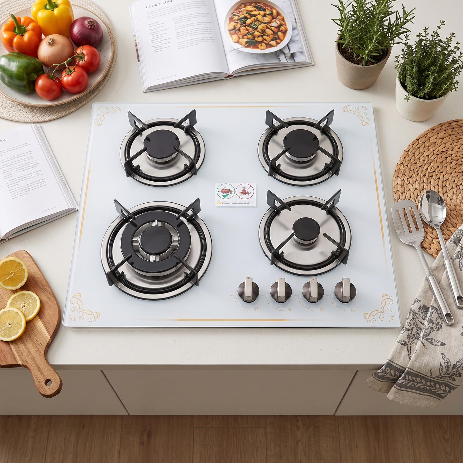 Haofy Cuisinière à Gaz 4 Brûleurs 24 Pouces, Table en Verre et Acier