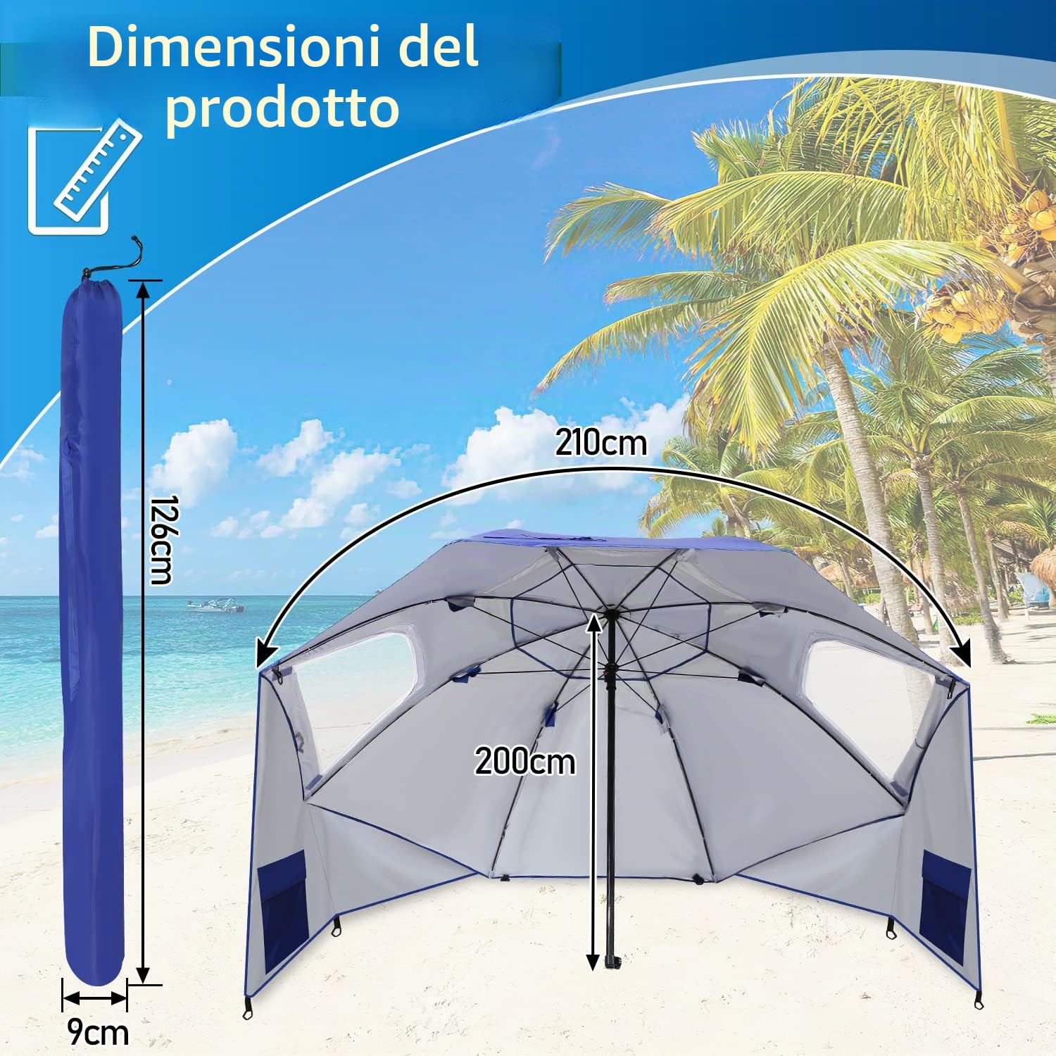 Daromigo Ombrellone 2 in 1 in alluminio, protezione solare, protezione dai raggi UV 50, 210 x 220 cm, tenda da spiaggia per giardino, pieghevole e multifunzione, con finestra e borsa per il trasporto