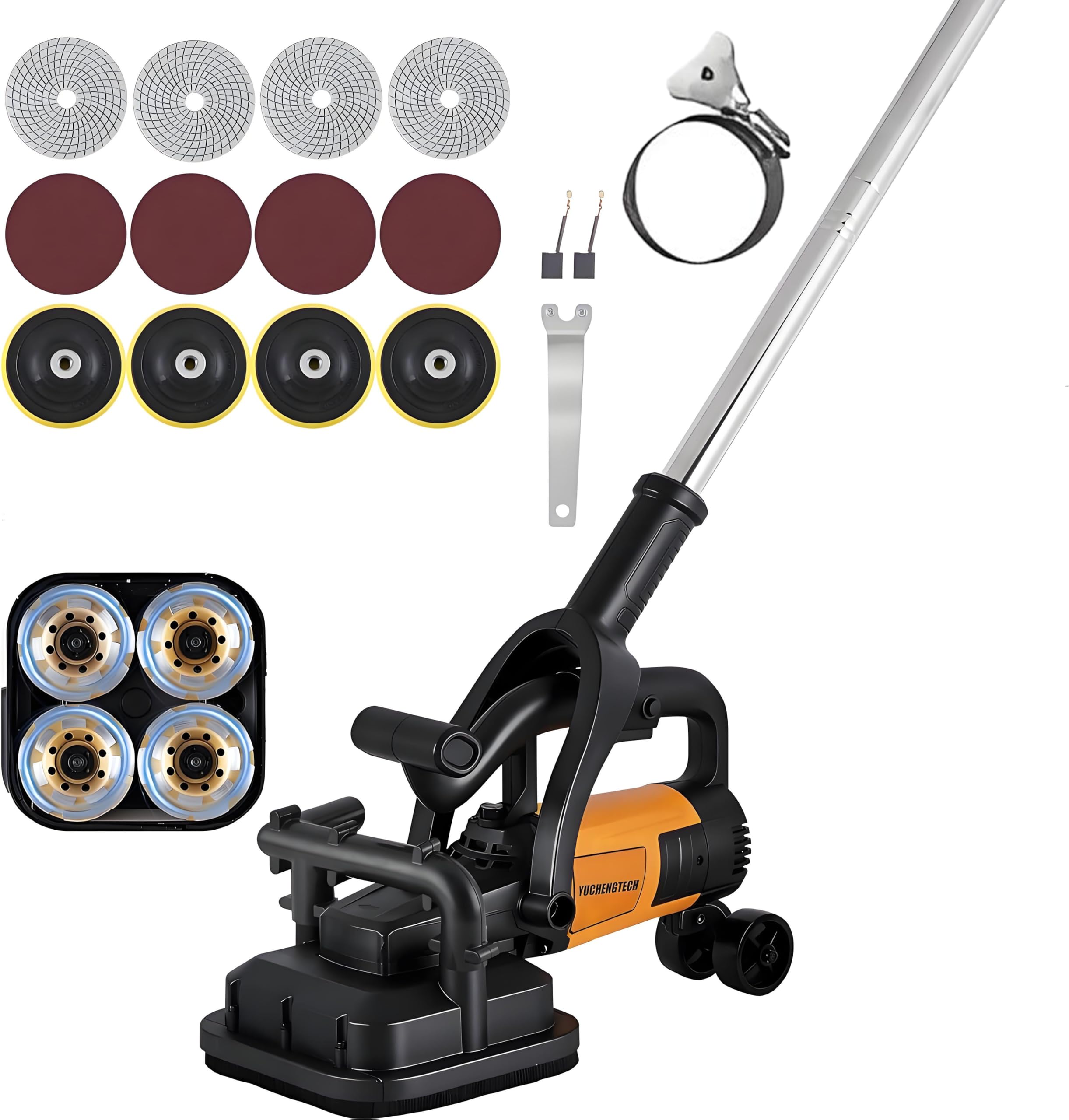 AiODiO 4-Head Concrete Grinder Set ， Concrete Floor Grinder 3800W Concrete -Surface Planer with Dust Extraction Shroud Auxiliary Wheels for Grinding Concrete Cement Marble