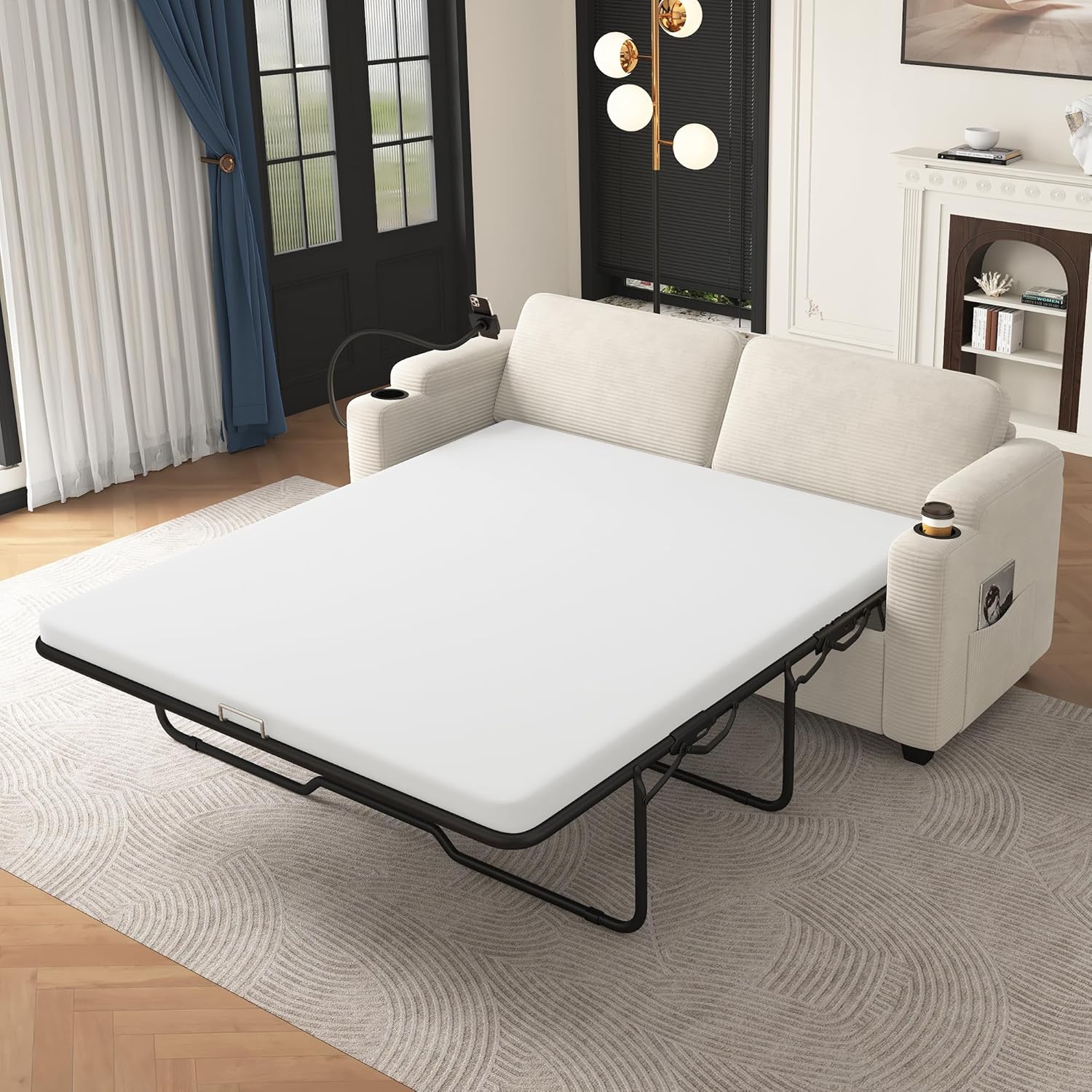 HABITRIO 72.8" Corduroy Sleeper Sofa, Loveseat Sofa Bed with Full Size Mattress, Two USB Ports, Two Cup Holders, Two Side Pockets and a Phone Holder for Living Room, Beige