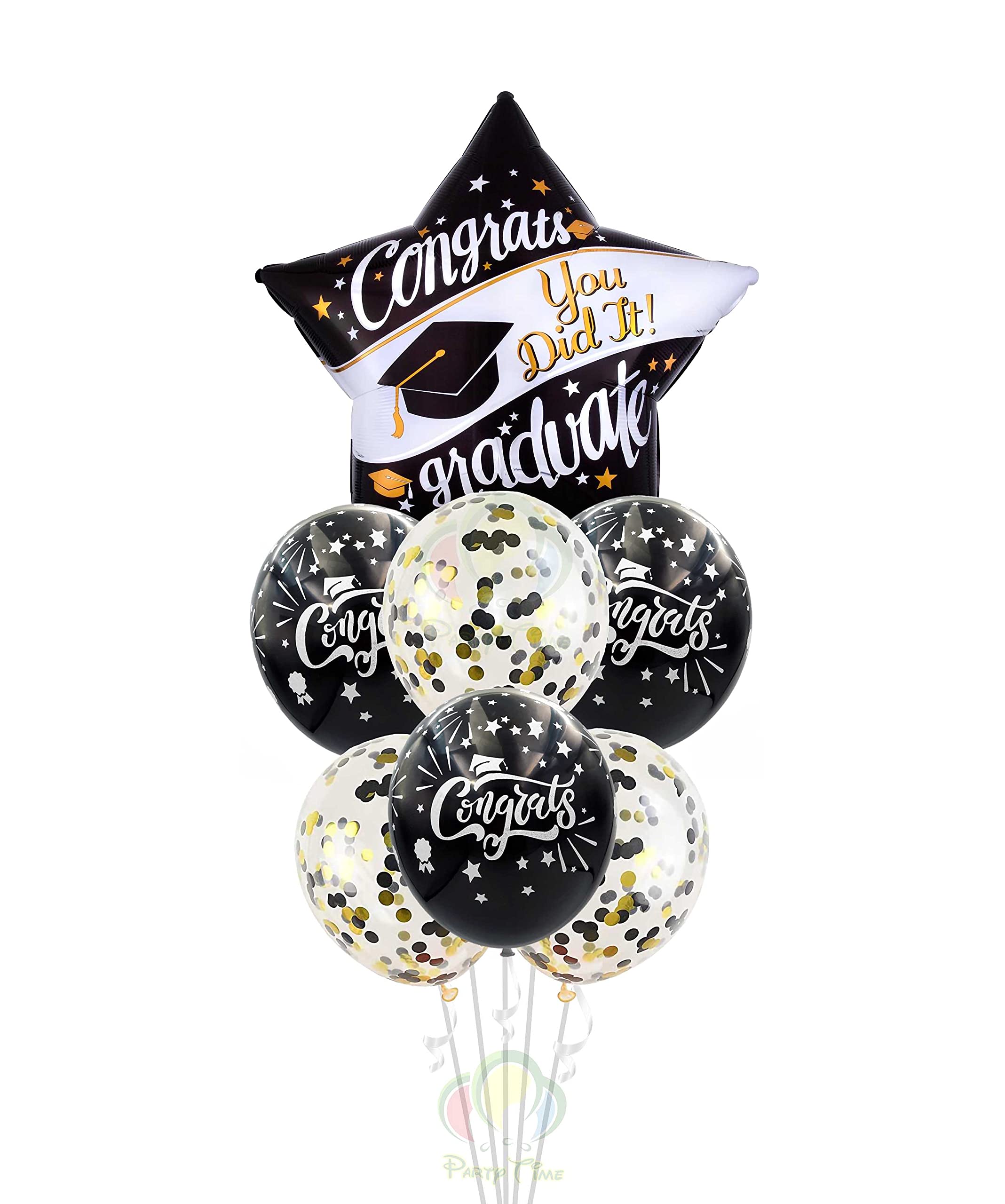 PARTY TIME - 7 Pieces Black Congrats Grad You Did It! Star Foil Balloons 18 Inch | Latex Congrats Design Balloons - 12 Inch | Confetti Balloons - 12 Inch | Class of 2021 Graduation  Decorations  Supply