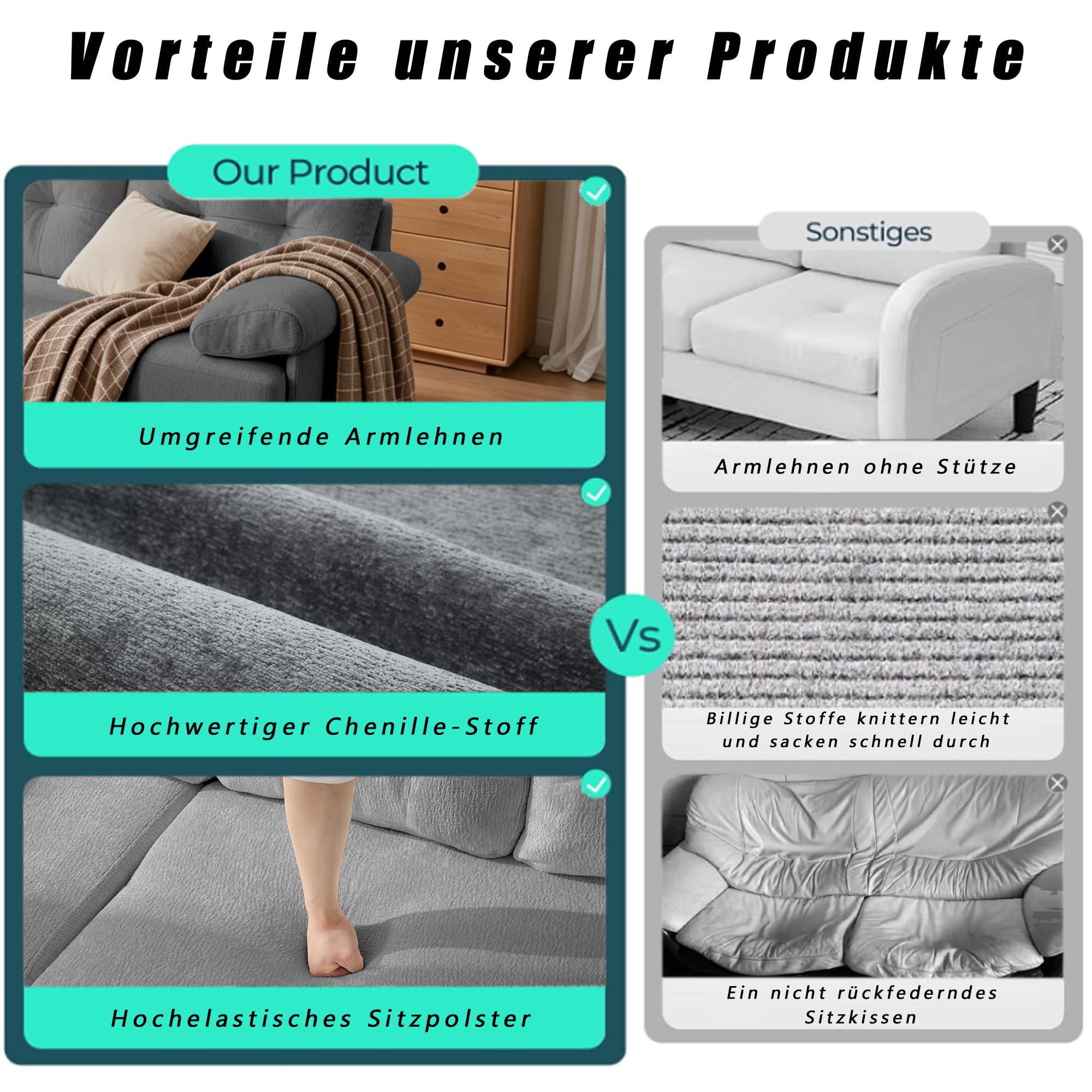 Generisch Szenilowa sofa 3-osobowa, w kształcie litery L, szara, wymienna strona do leżenia