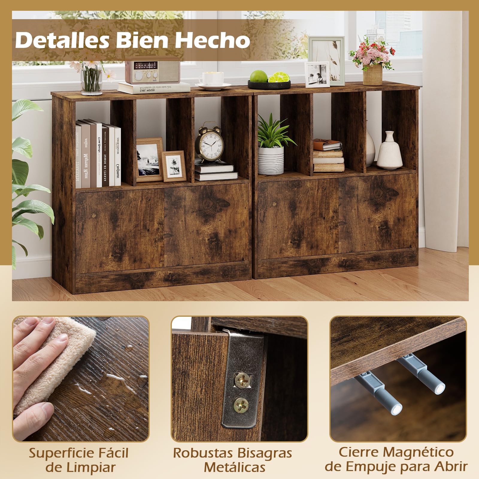 COSTWAY Librería de 3 Cubos con Puertas, Estantería Libros de 3 Niveles con Compartimentos Abiertos y Armario, Librería Estantería Madera Salón Oficina Dormitorio, 70 x 30 x 70 cm (café)