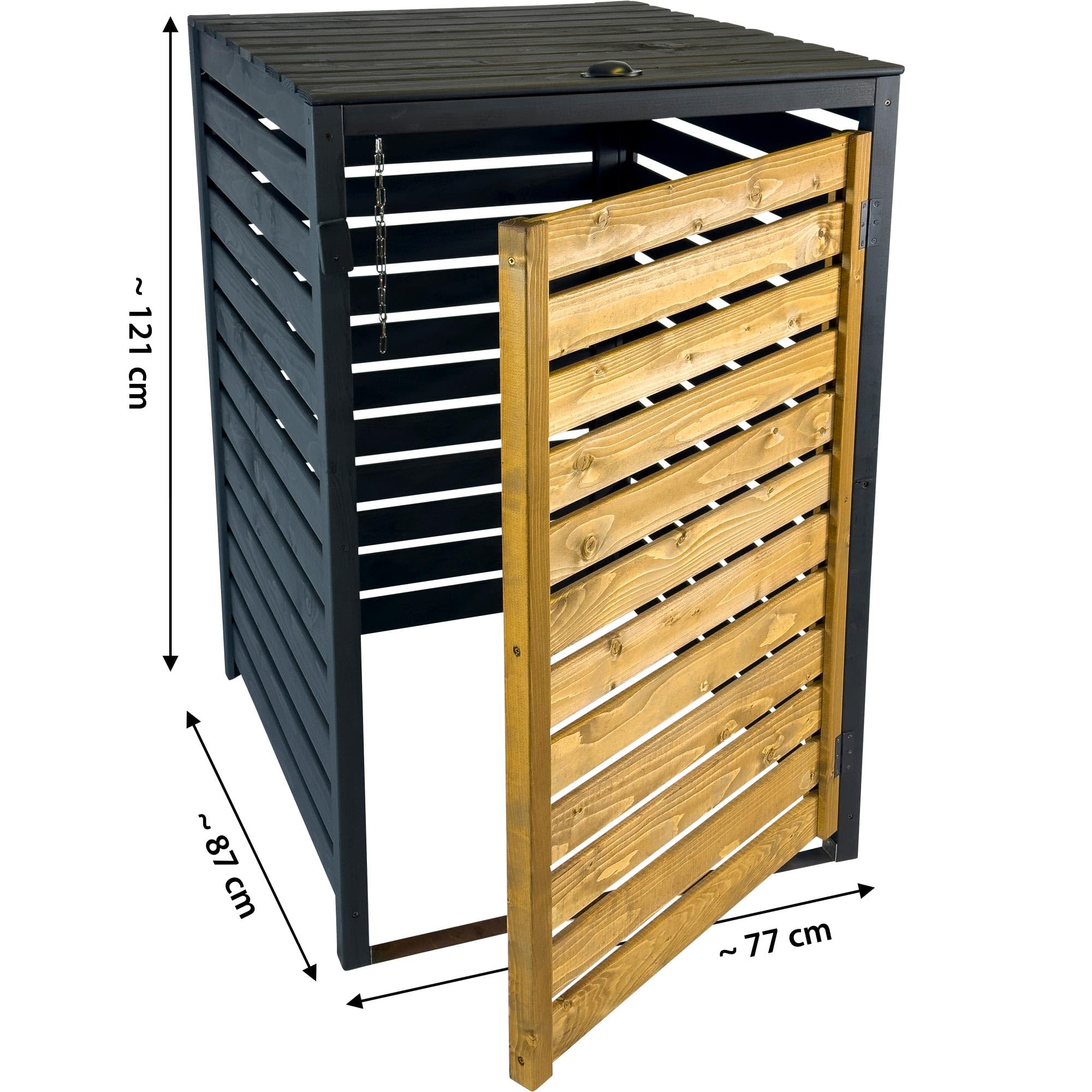 dobar® Green Label Cache-poubelles 1 pièce 240 l en Bois Marron/Noir en kit – Cache-Poubelle avec Couvercle et Porte battante Bicolore – 77 x 87 x 121 cm