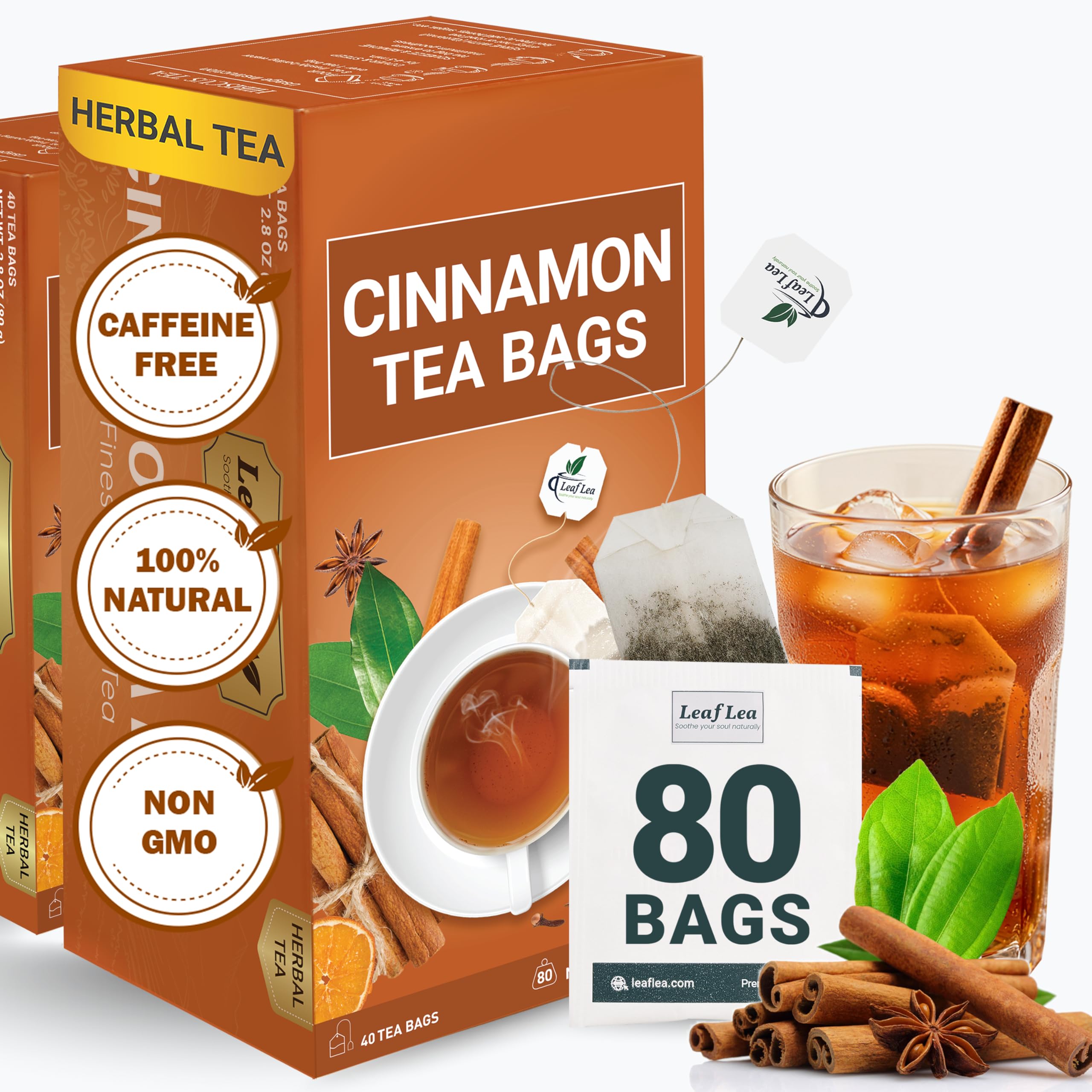 LeafLea Cinnamon Tea Bags, Bold Ground Cinnamon Spice, Sugar-Free, 80 Count Cinnamon Tea 80 Tea Bags (Pack of 2)