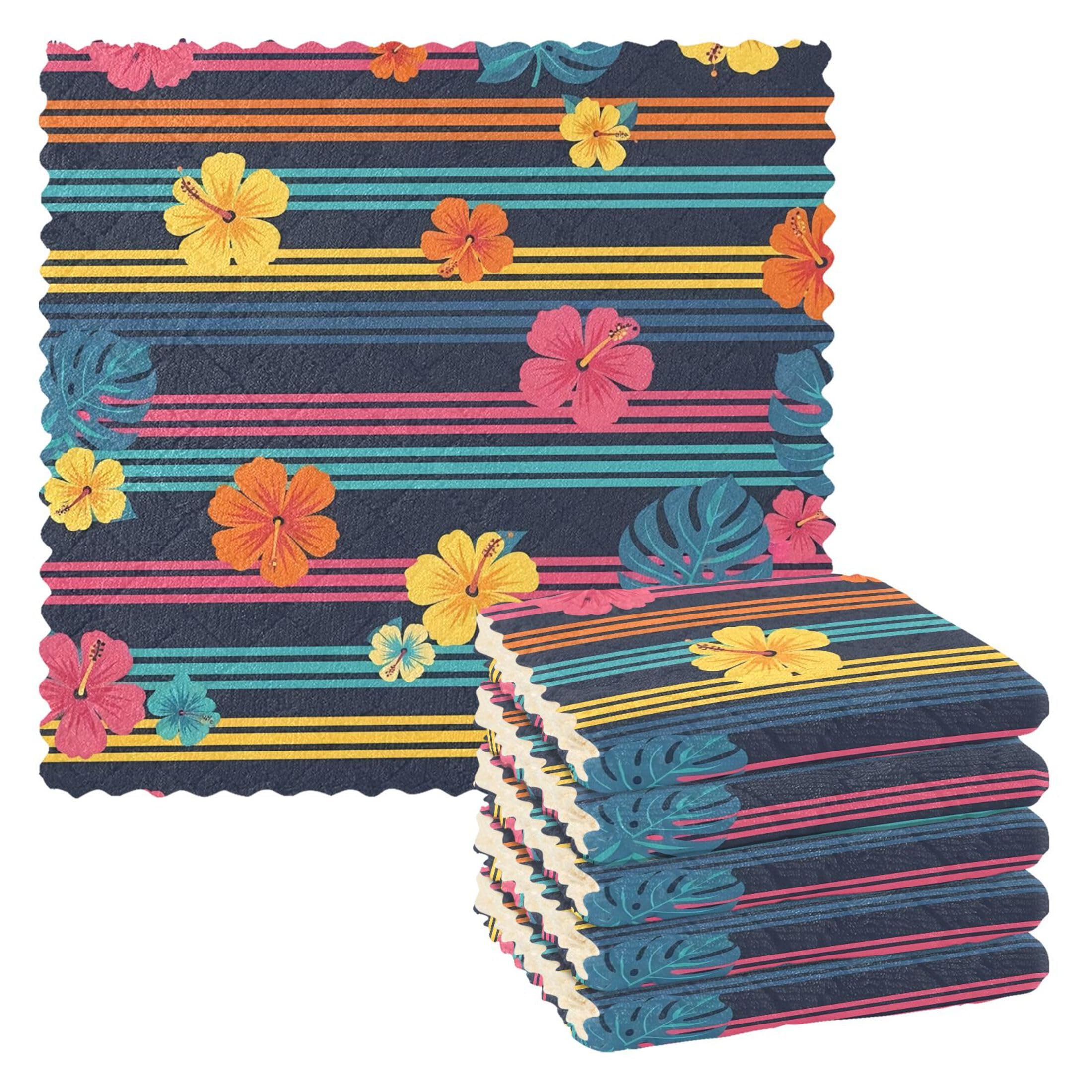 Fuauuyl Hibiscus Stripes Kitchen Dish Towel Set of 6, Soft Absorbent Washable Cleaning Cloths Dish Rags Tea Bar Drying Towels, 11x11 In