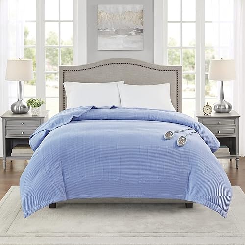 Vista 21 de Beautyrest Manta eléctrica de microforro polar ultrasuave con textura acanalada, acogedora y cómoda para clima frío, calentamiento rápido, apagado