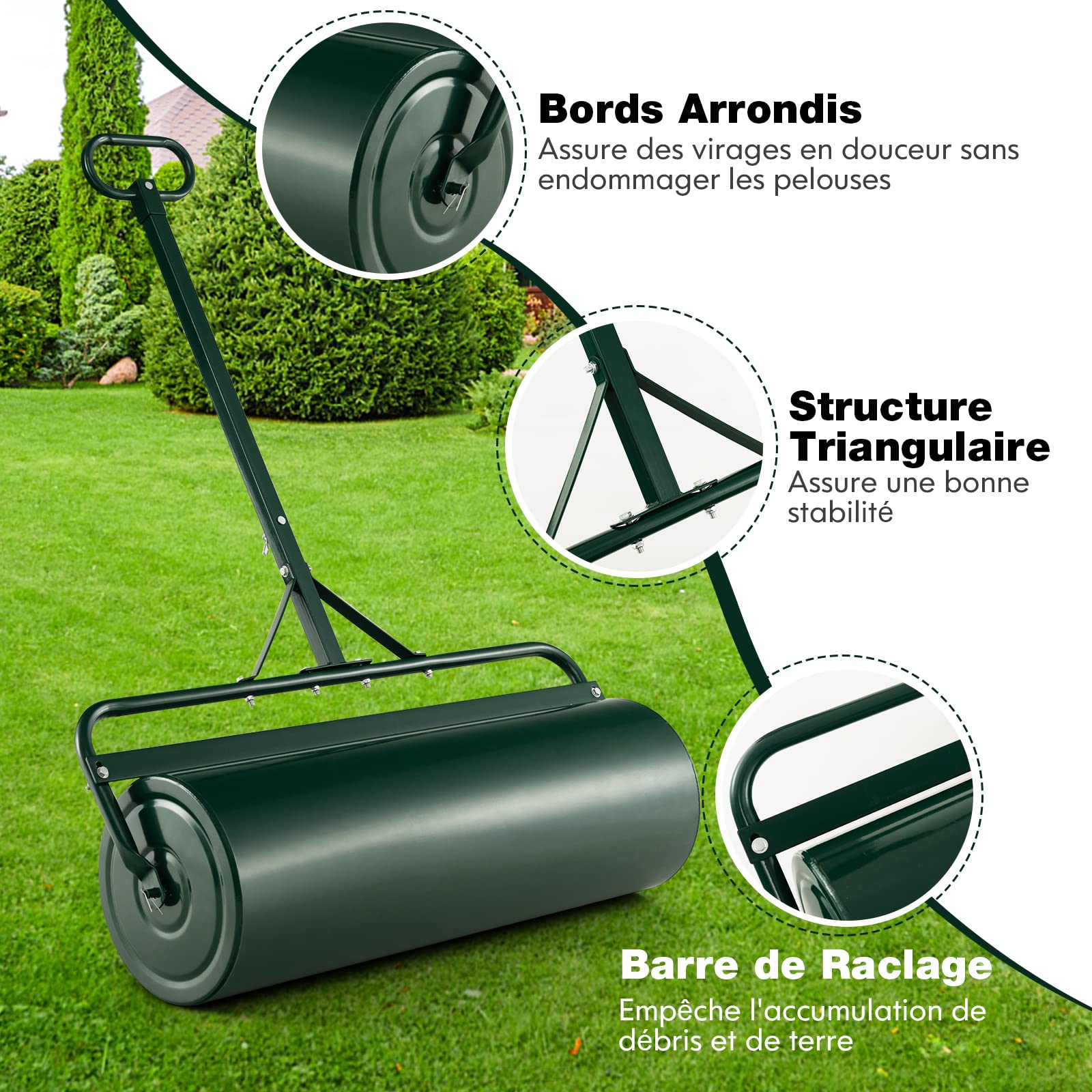 GOPLUS Aireadores de Césped Manuales 63L, Rodillo de Césped de Jardín con Asa Ajustable y Protector de Suciedad, Rellenable con Agua y Arena, para Empujar y Tirar para Jardín y Parque (Verde)
