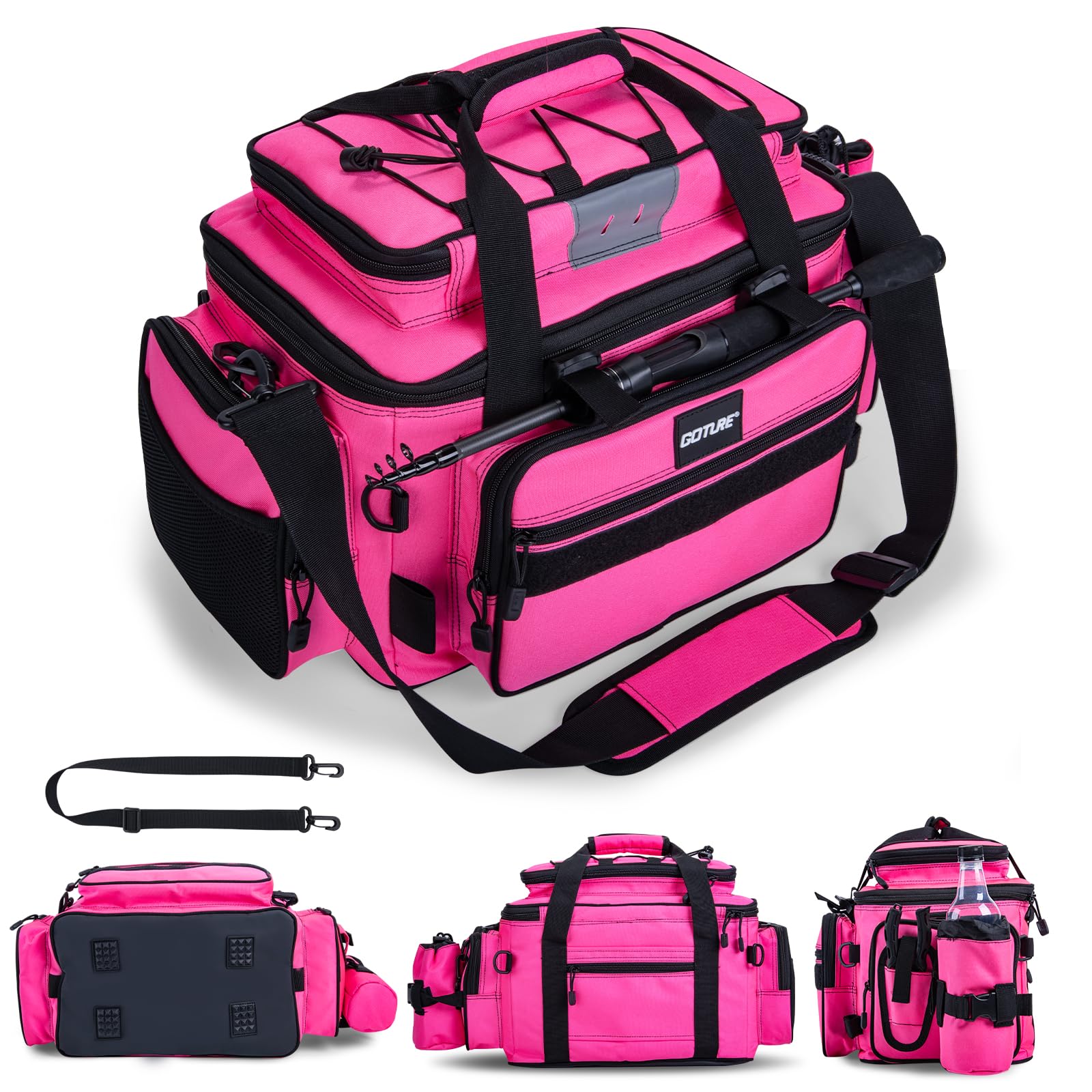 Goture Fishing Tackle Bag, Store Up to 4PCS 3700 Plus 2PCS 3600 Tackle Trays(Not Included), 600D Soft Side Gear Fishing Bag with Rod Straps,Detachable