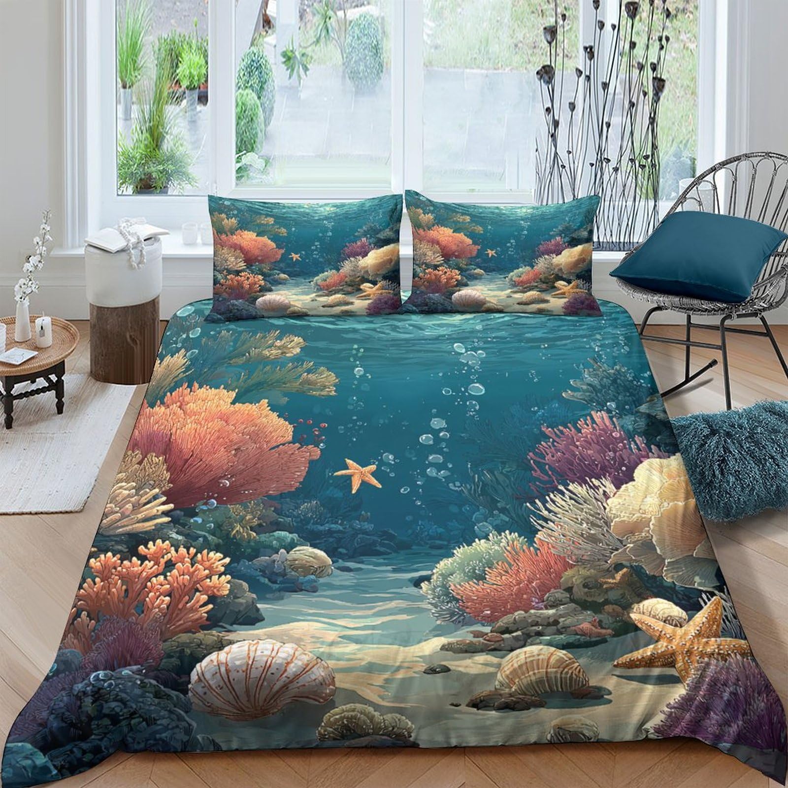 Ctjqhvkz Style-6 3D Printed Underwater Coral Fitted Sheet Microfiber Soft Starfish Ocean Bed Cover For Bedroom Decor Mattress Protection Single（135X200cm）