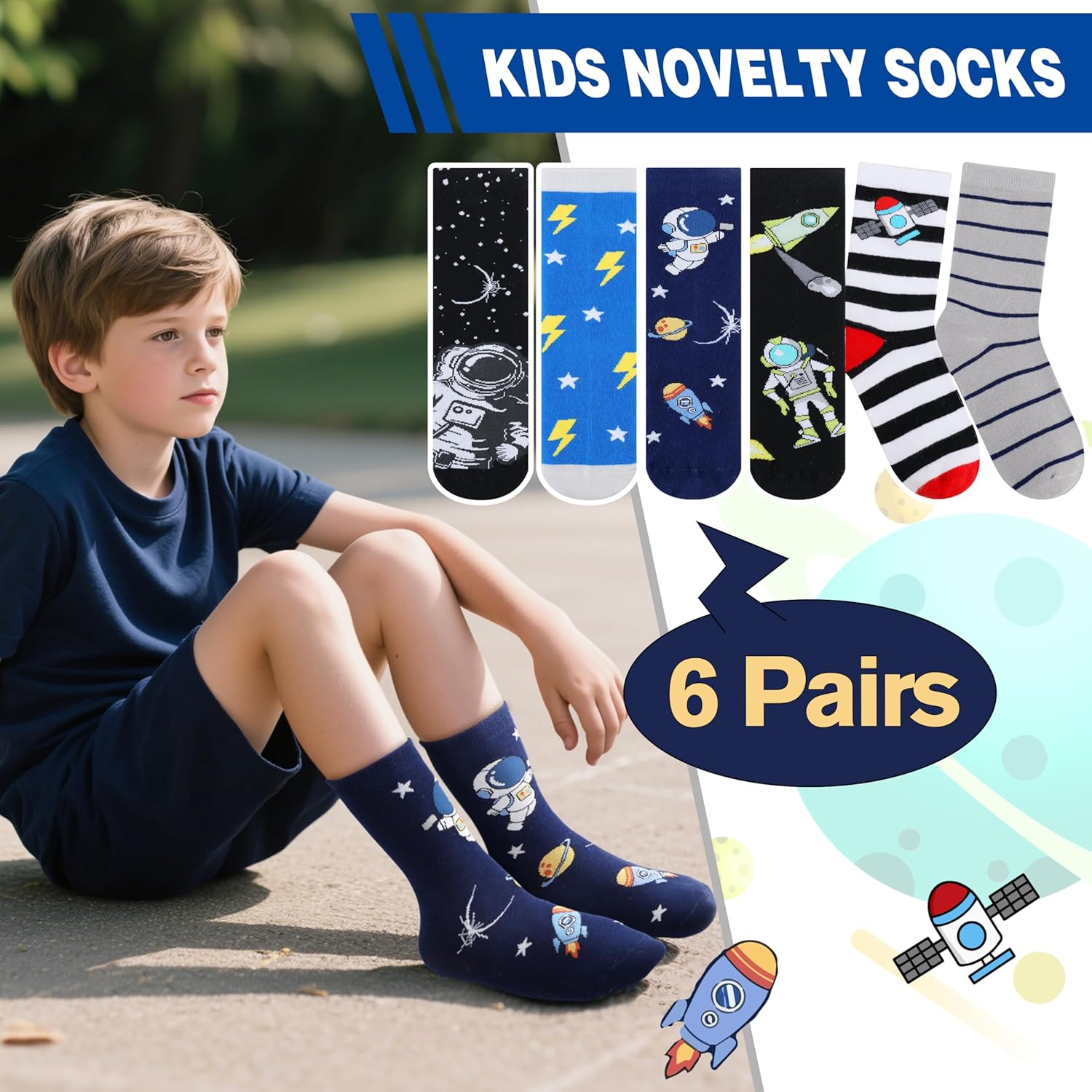 Kids Boys Fun Cotton Crew Socks Funny Crazy Cartoon Novelty Space Trucks Star Dress Socks 6 Pairs - Image 4