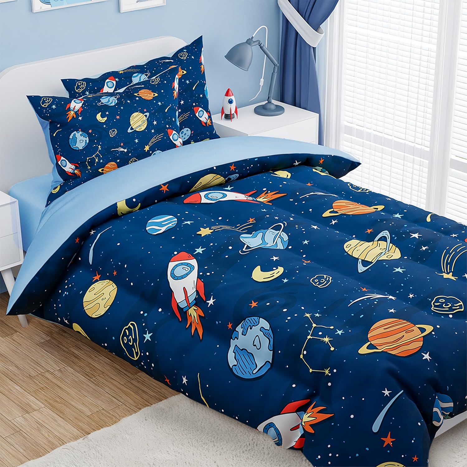 SANDJEST Outer Space Comforter Set Twin Size 68x86in for Kids Boys, Microfiber 3 Pcs Bedding Set Includes 1 Comforter, 1 Pillowcase, 1 Fitted Sheet, Nursery Room Decor