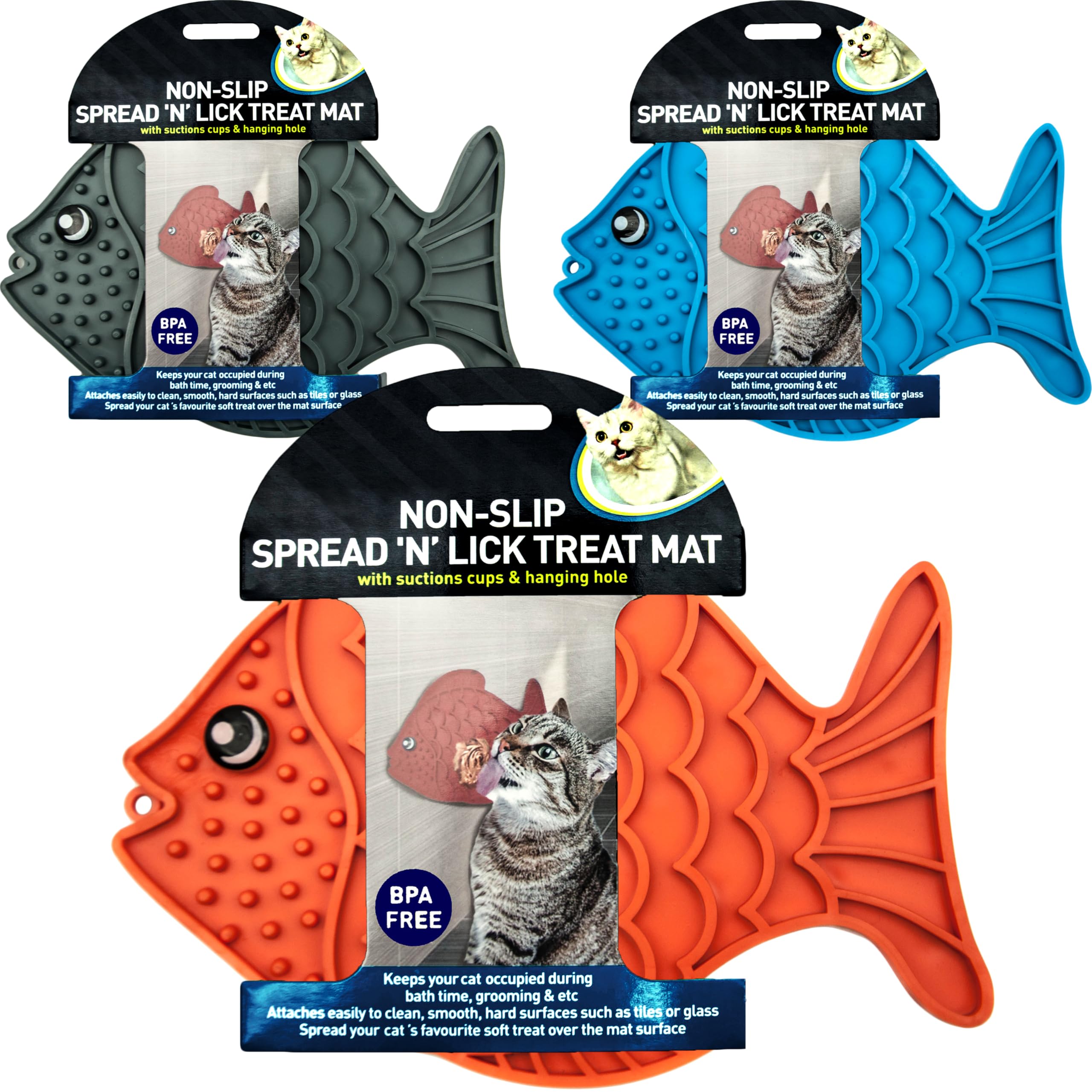 2x Fish Shaped Cat Feeding Mats – BPA FREE – Lick Mat for Cats Food, SLOW FEEDER, Licking – ANTI SLIP Pad with SUCTION CUPS, Treats, Boredom (Assorted (Pack of 2), 20cm)