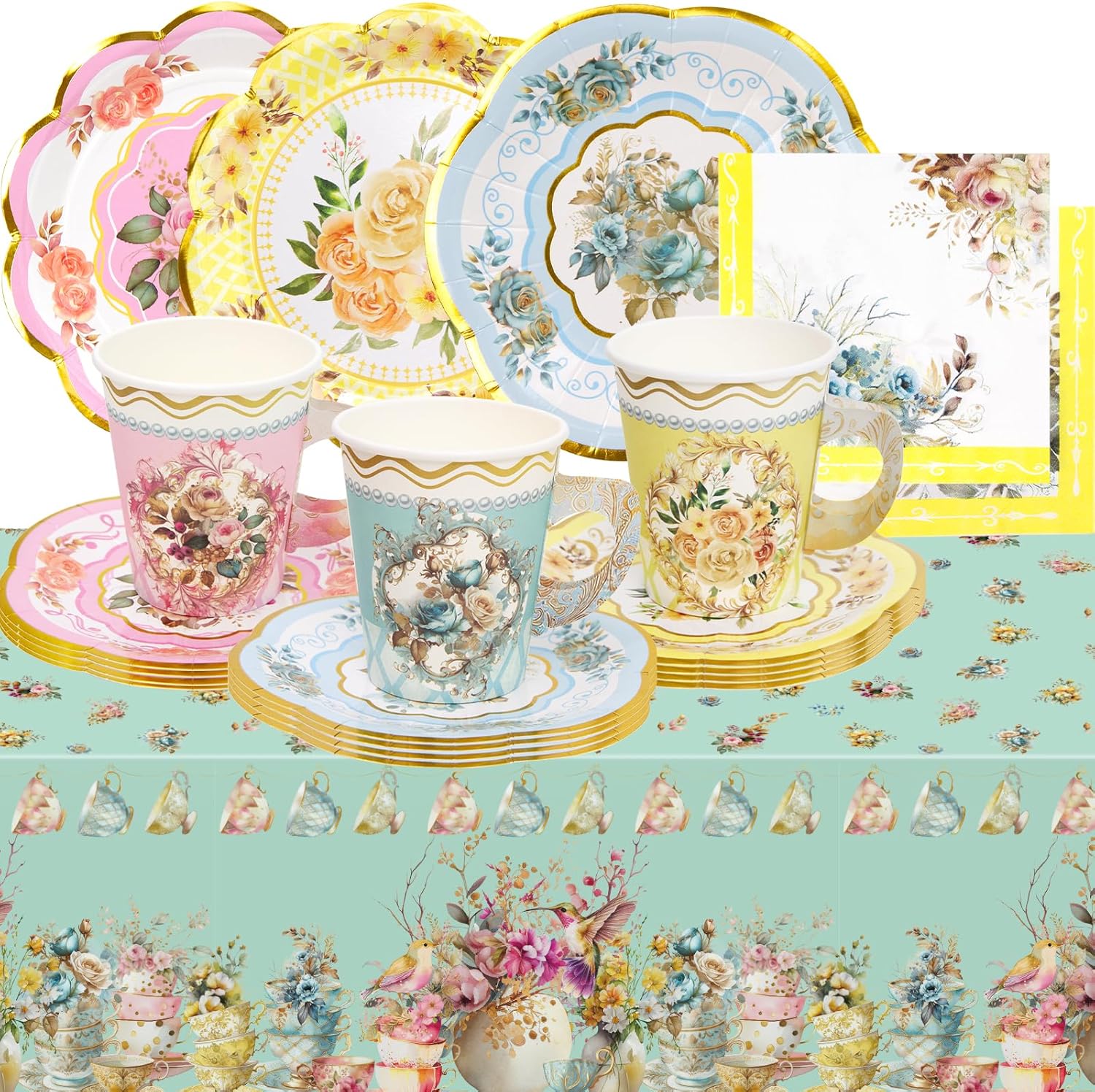 WorldBazaar Tea Party Supplies Floral Party Dinnerware 12 Set Paper Tea Cups and Saucers, Plates Napkins Tablecloth Birthday Table Decorations Girls Kids Adults Woman