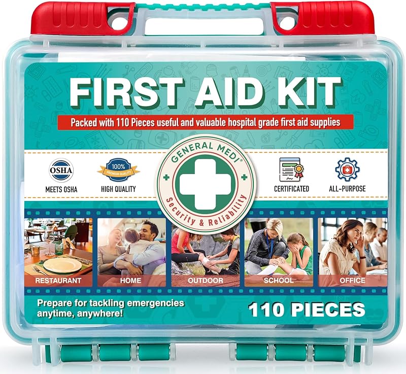 General Medi - Botiquín de primeros auxilios pequeño de 110 piezas - Caja de primeros auxilios de estuche rígido - Contiene suministros médicos de primera calidad para viajes, hogar, oficina, vehículo, camping, lugar de trabajo y exteriores