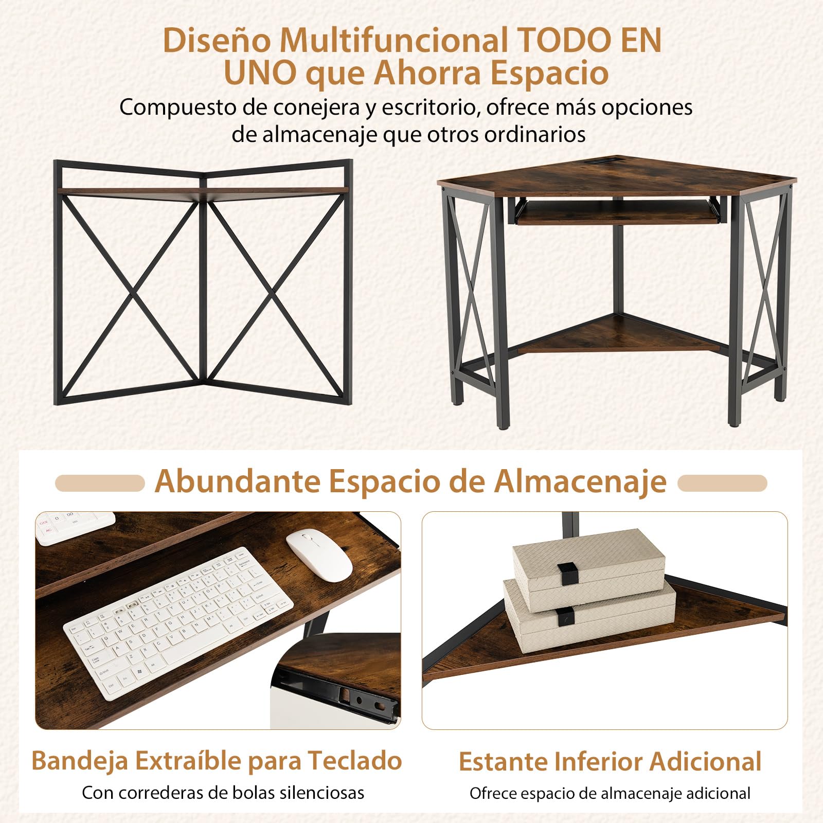 COSTWAY Escritorio para Computadora con Estantes, Escritorio de Esquina Que Ahorra Espacio con Bandeja para Teclado, Mesa Triangular para Oficina con Marco de Metal para Hogar Oficina(Marrón + Negro)