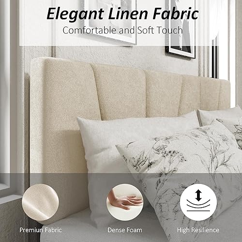 Miniatura 4 de Base de cama de plataforma de tamaño matrimonial con cabecera tapizada, soporte de listones de madera, sin ruido, no necesita somier, fácil montaje,