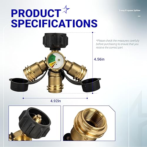 Miniatura 4 de BlueStars Conector divisor de propano mejorado de 3 vías QCCPOL con medidor y válvula de cierre - Divisor de tanque de propano, adaptador de gas