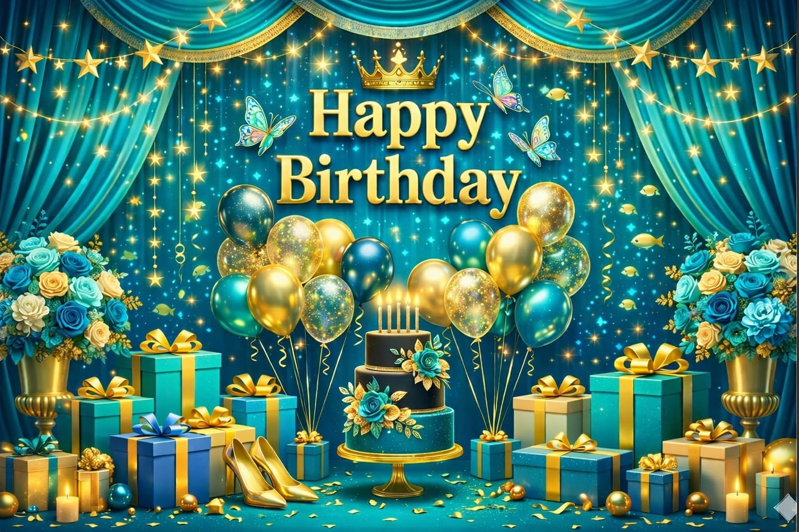 Teal & Gold Happy Birthday Backdrop Cloth 5x3 Ft | Birthday Decoration Fabric Poster Banner for Kids & Adults | Reusable Photo Booth Background for Party, Cake Table & Wall Decor-image-0