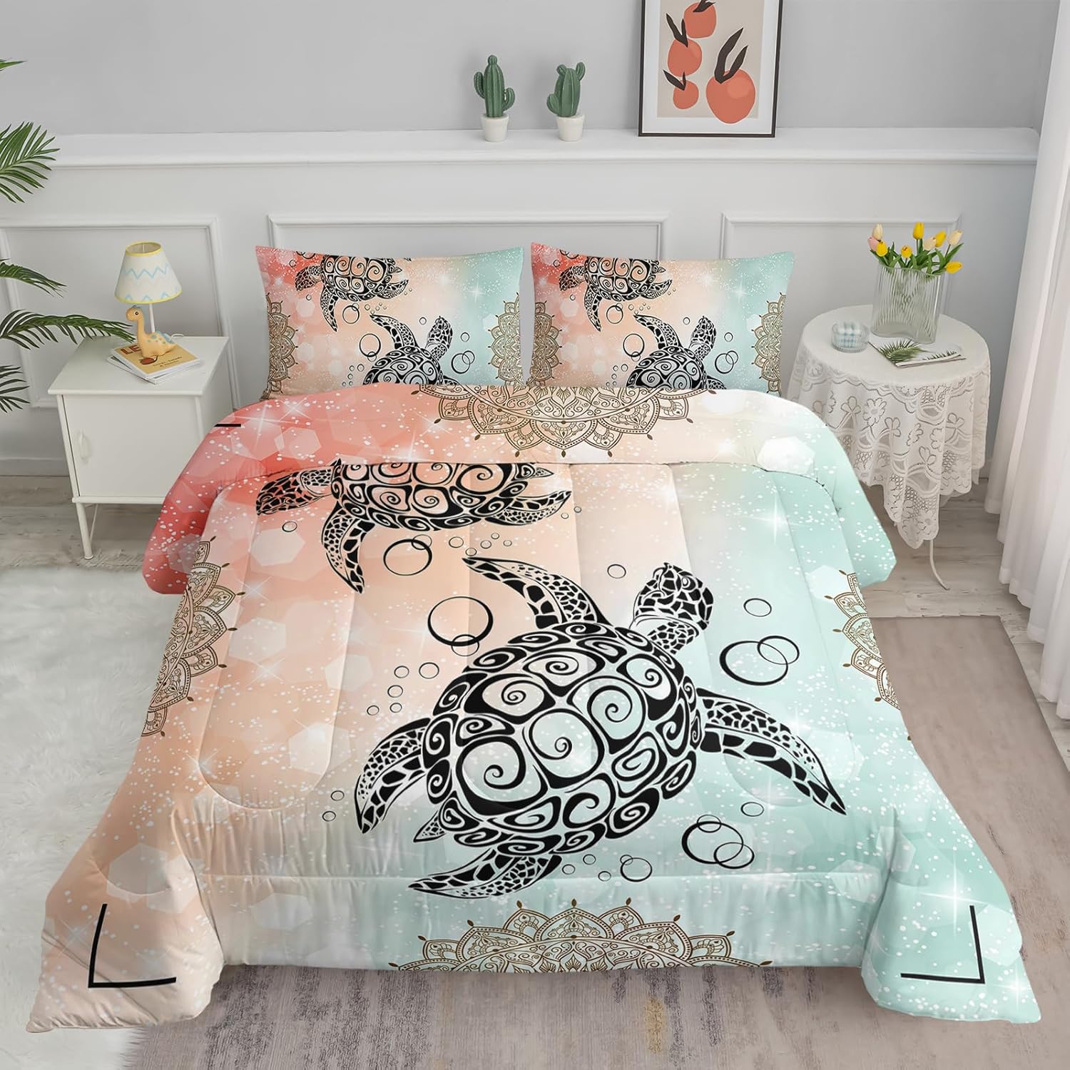 Axolotl Sea Turtle Comforter Set Queen Gradient Ocean Bedding Set Hawaii Coastal Bed Set Tropical Beach Quilt Set Summer Nautical Duvet Set with 2 Pillowcases for Women Adults Mandala Room Decor