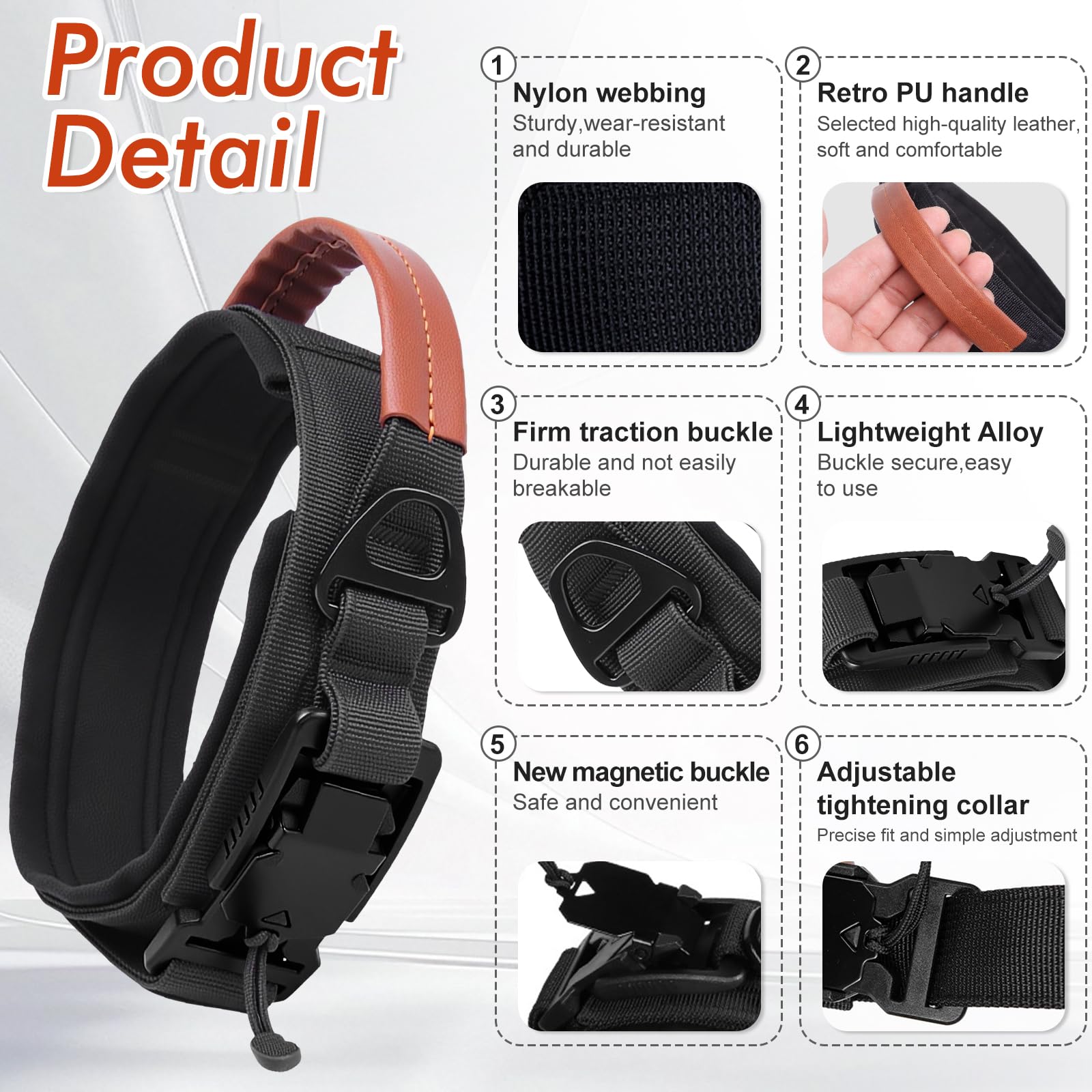 AKOFIC Tactical Dog Collar with Leather Handle and Upgraded Magnetic Metal Buckle, Heavy Duty Padded Wide Dog Collars - Image 2