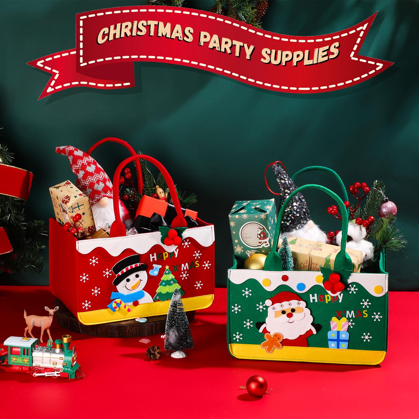Aliceset Große Weihnachts-Geschenktüten aus Filz mit Griffen, 30 x 20 x 17 cm, wiederverwendbare Geschenkkörbe, leere Leckerli-Tüten, Weihnachts-Süßigkeitentüten für Weihnachten (Weihnachtsmann und