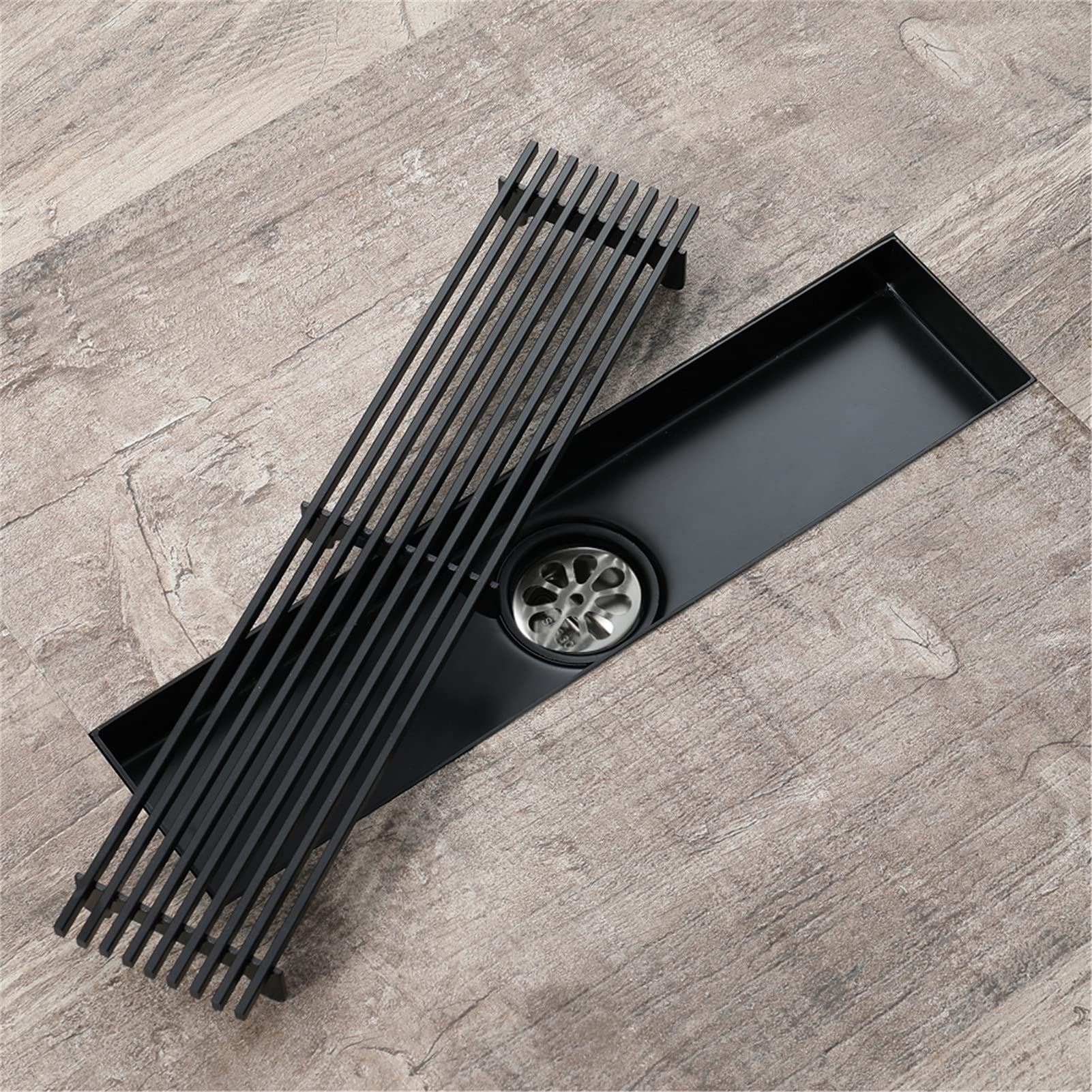 Scarico doccia lineare 30 cm, Scarico a pavimento per doccia in acciaio inossidabile 304, Scarico a pavimento rettangolare, Scarico per doccia con coperchio rimovibile, Filtro per capelli,Nero