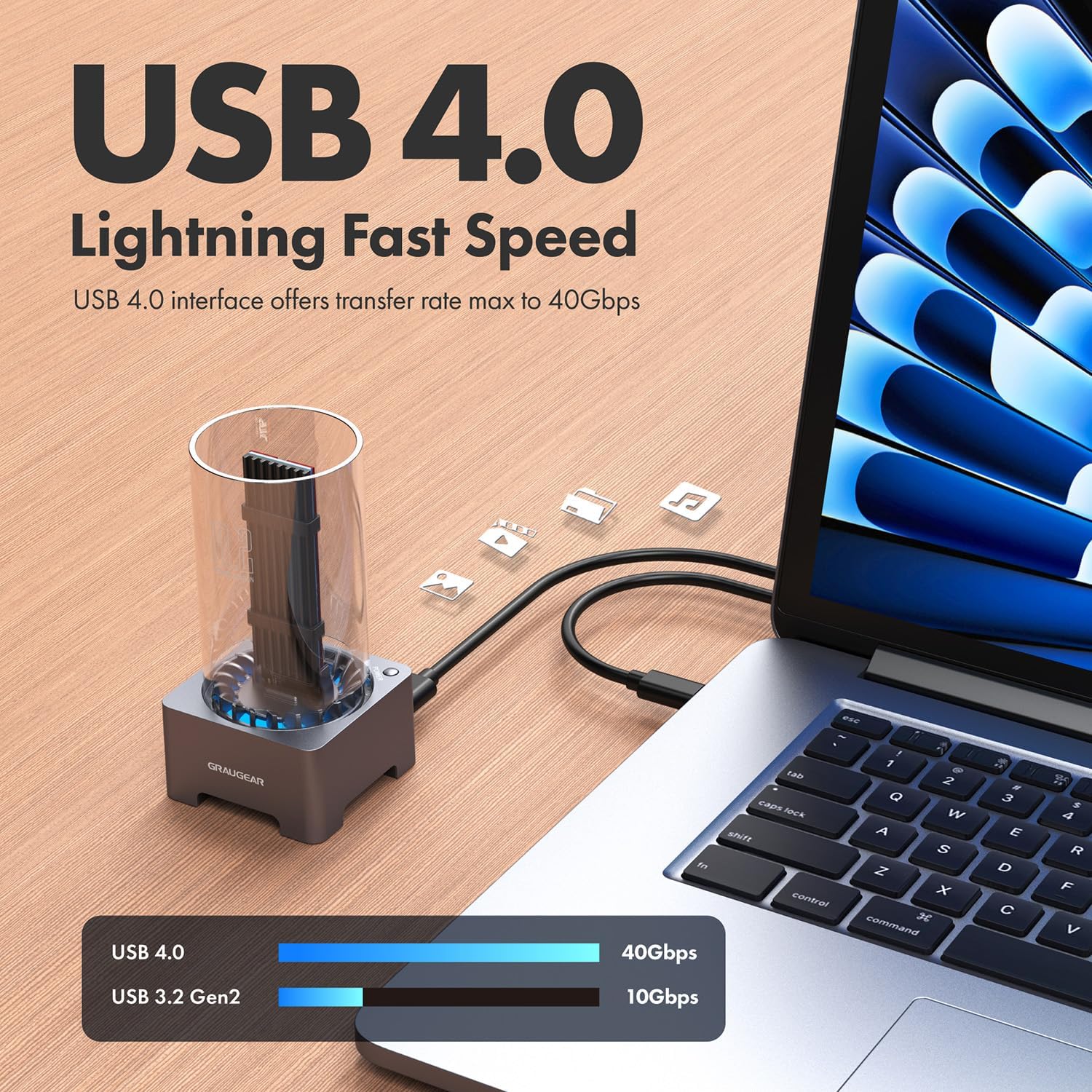 USB 4.0 Lightning Fast Speed connection to laptop