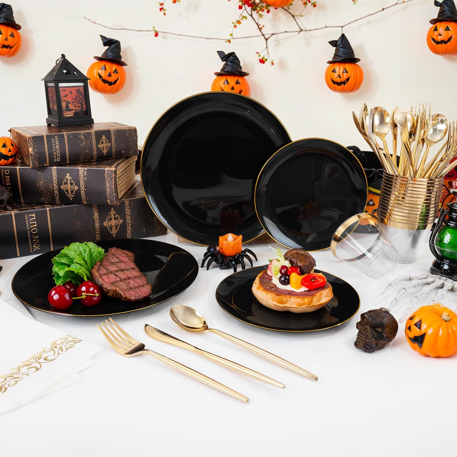 210Pcs Black and Gold Disposable Plates,Black Plates Disposable for Party image 3