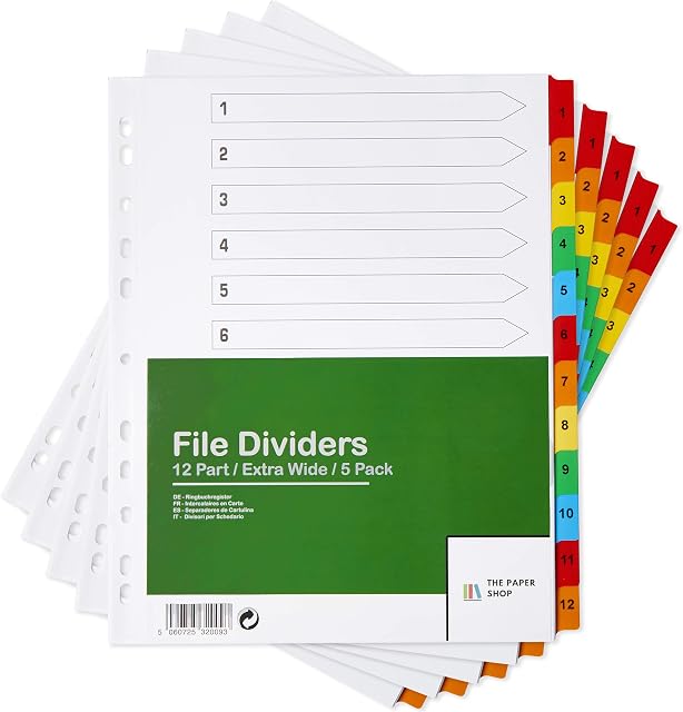 [5 Pack] A4+ Extra Wide 12 Part File Dividers A4+ Extra Wide 12 Part Numbered Subject Dividers Multipunched Reinforced Colour Tabs 150gsm