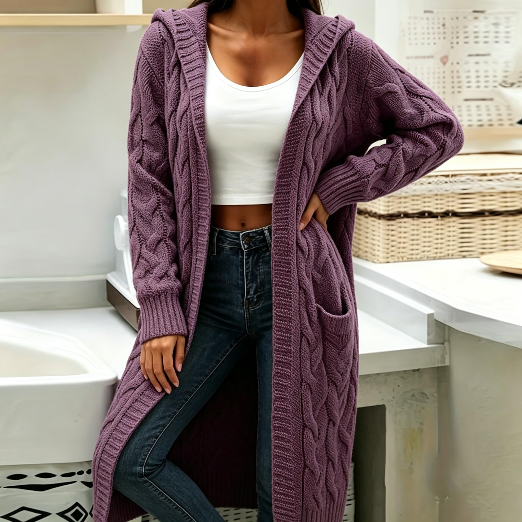 Cardigan Lungo da Donna con Cappuccio E Tasche Maglione A Maniche Lunghe in Maglia Grossa Cappotto Elegante per Autunno/Inverno Giacca di Transizione Capospalla Casual per Tutti I Giorni.