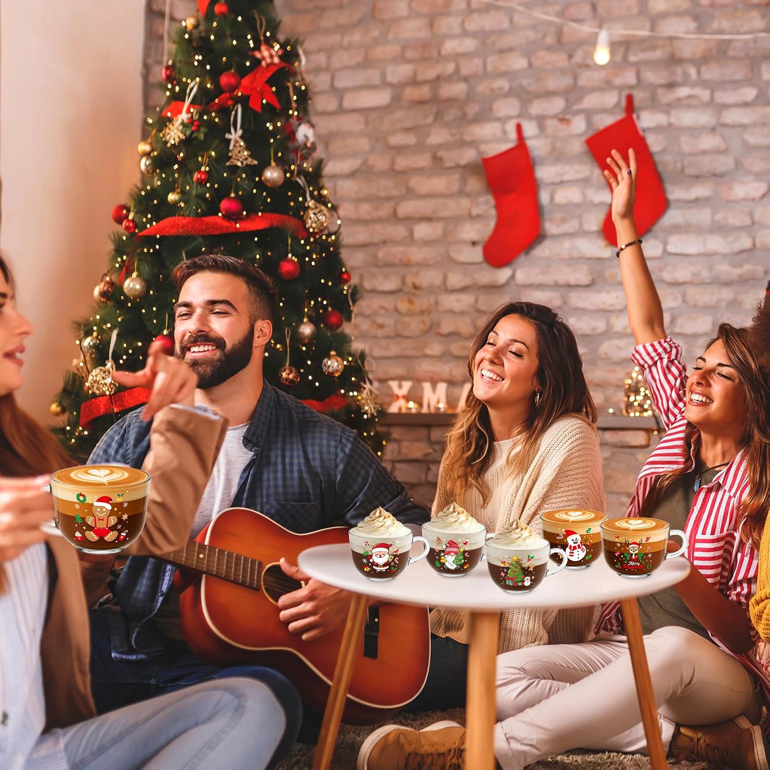 Vesici 12 Pcs Christmas Glass Coffee Mugs with Handle 16 oz Clear Christmas Glasses Winter Xmas Glass Mugs Santa Claus Snowman Cups Xmas Gift for Women Men Beverage Milk Hot Chocolate (Multi Style)