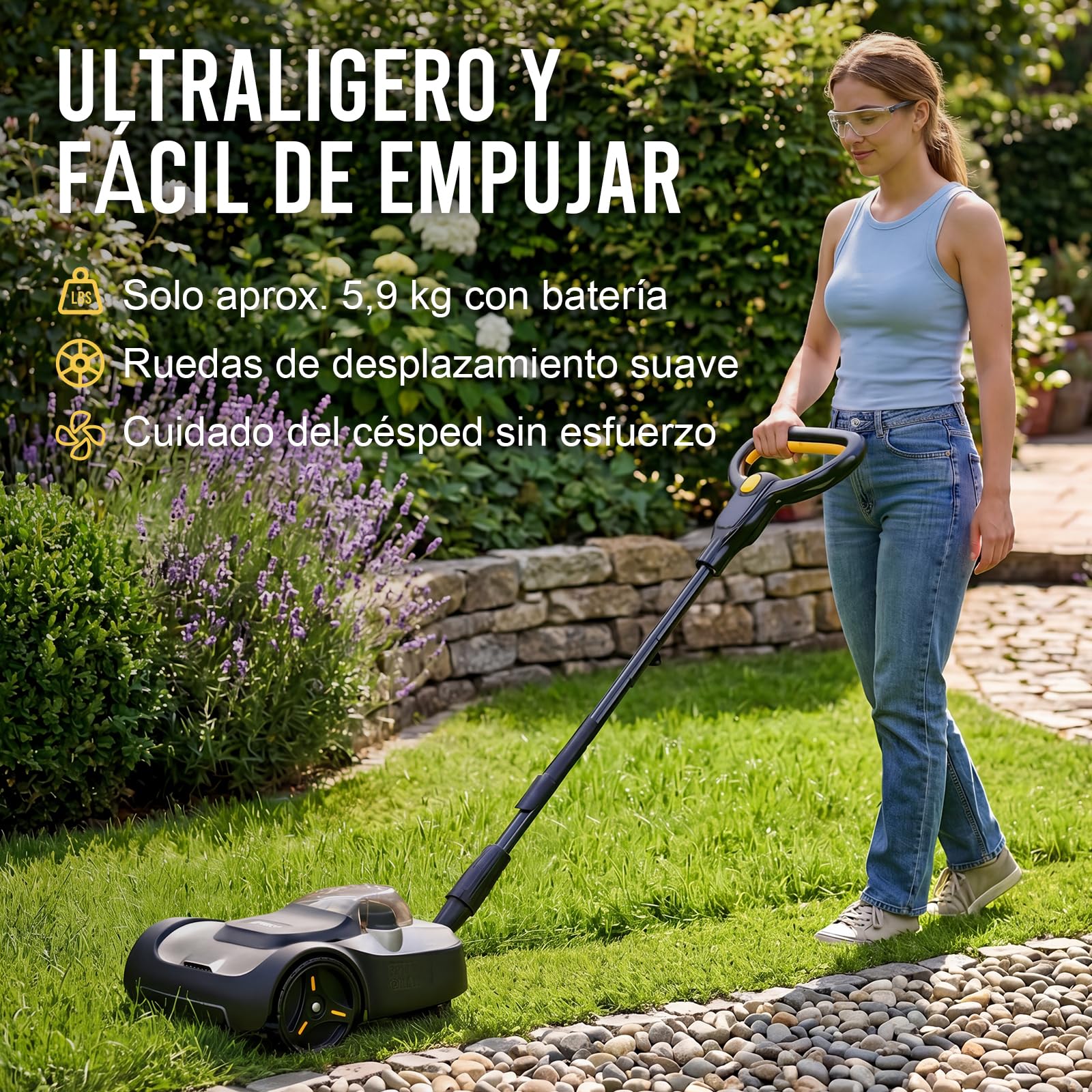LIGIANT Cortacésped a Batería 22 cm, Mini Cortacésped Inalámbrico con Motor sin Escobillas, Mulching, 3 Alturas de Corte, Protección contra Inclinación 10° a 75°, para Jardines Pequeños