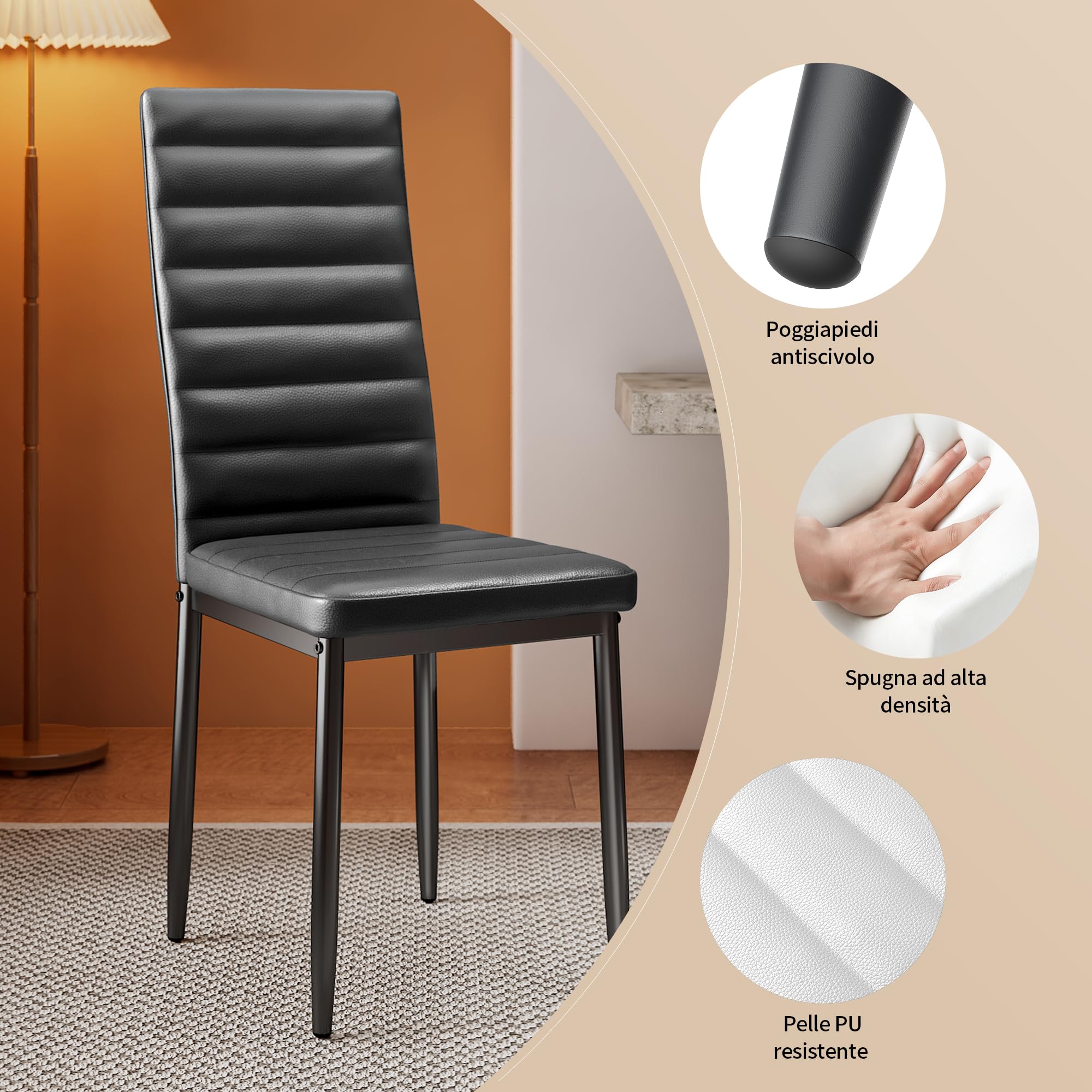 Bealife Set di 6 Sedie da Pranzo, Set di Sedie da Sala da Pranzo per Cucina, Sala da Pranzo, Sedia da Pranzo con Schienale Alto in Ecopelle (Nero - Ecopelle, Set da 6)