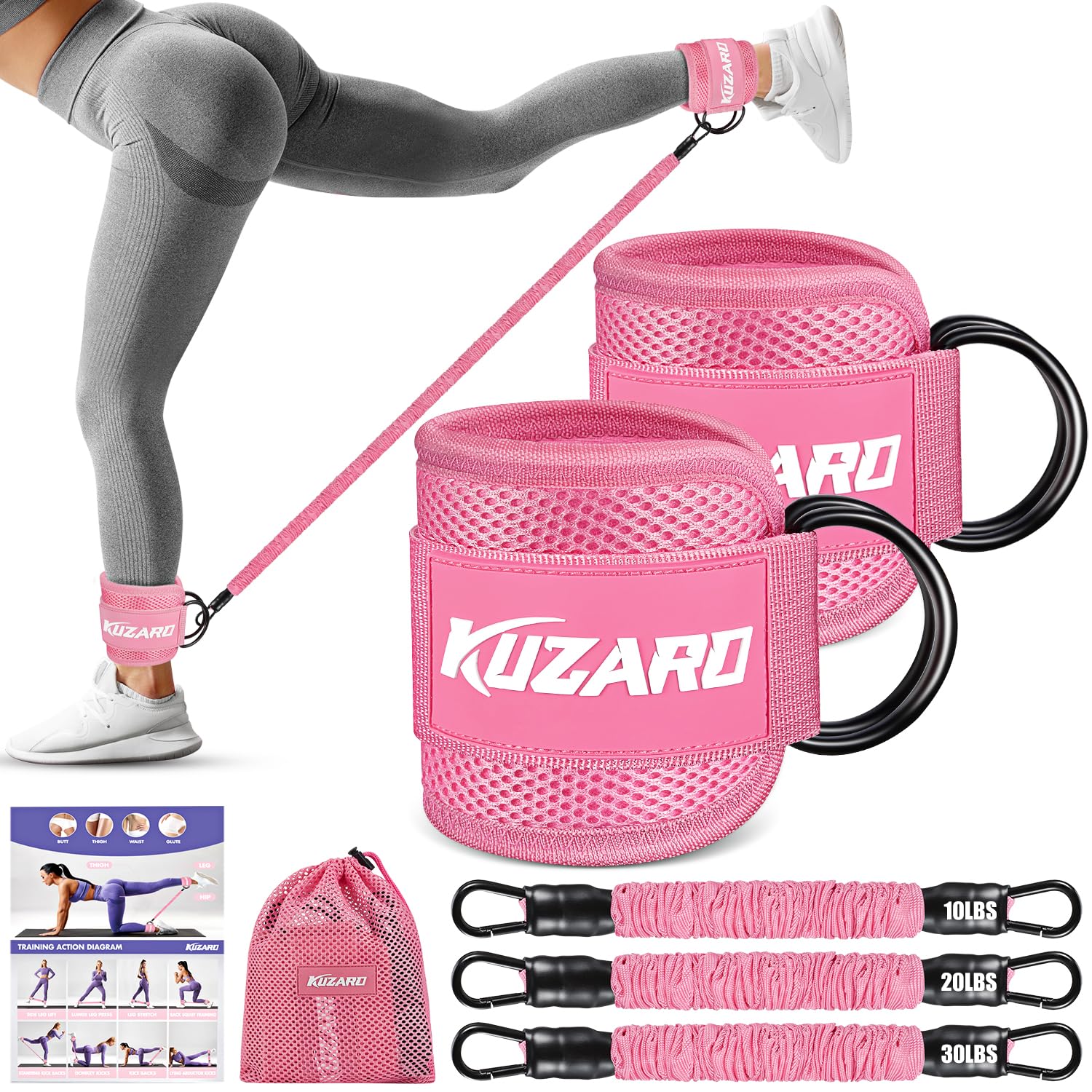 KUZARO Ankle Resistance Bands with Cuffs, Ankle Weights Bands for Working Out, Women Leg and Glutes Workout Equipment, Exercise Bands for Kickbacks, Butt and Booty Trainer, Home Gym Fitness Equipment